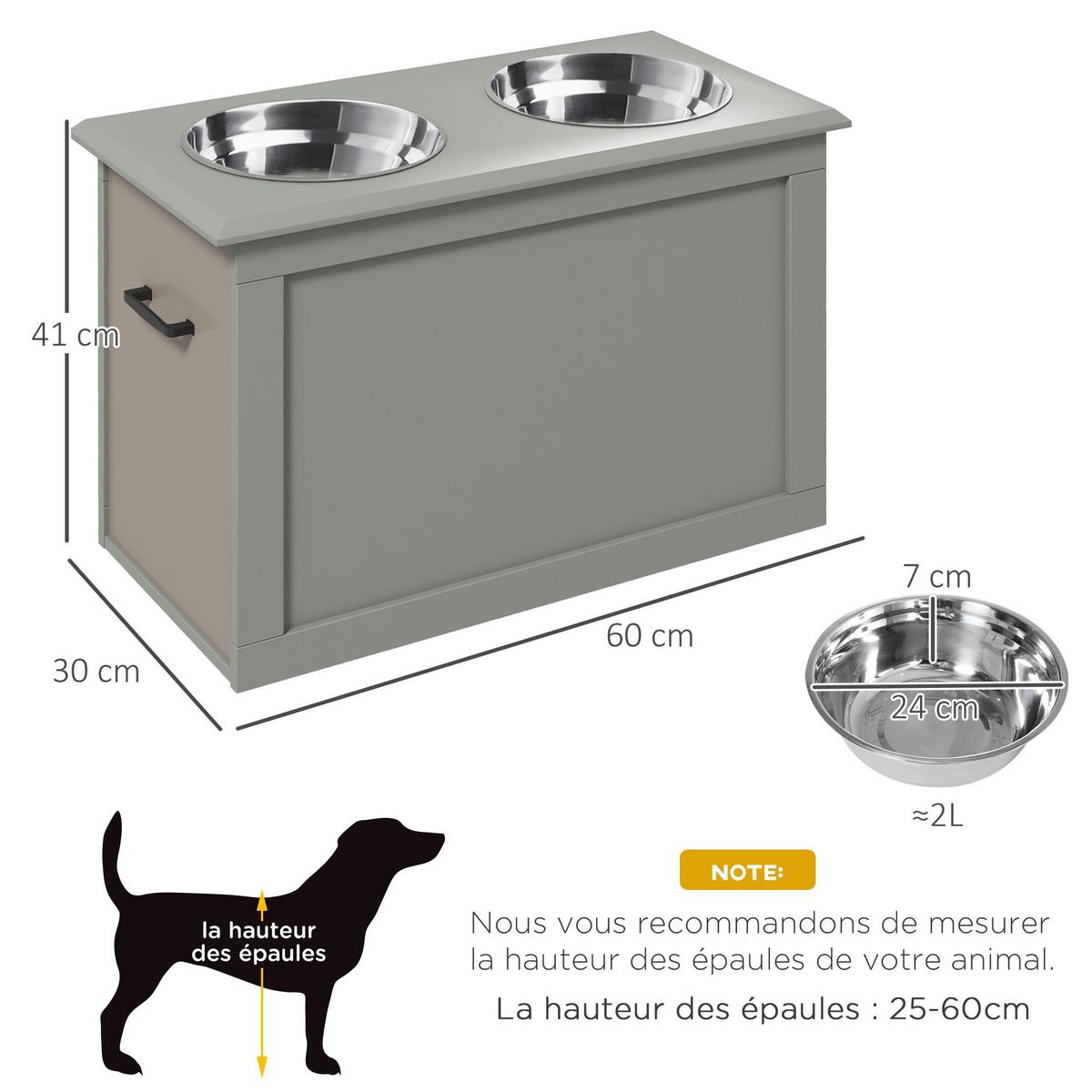PAWHUT Gamelle double chien chat Porte-gamelles surélevé dim. 60L x 30l x 41H cm 2 gamelles poignées coffre MDF