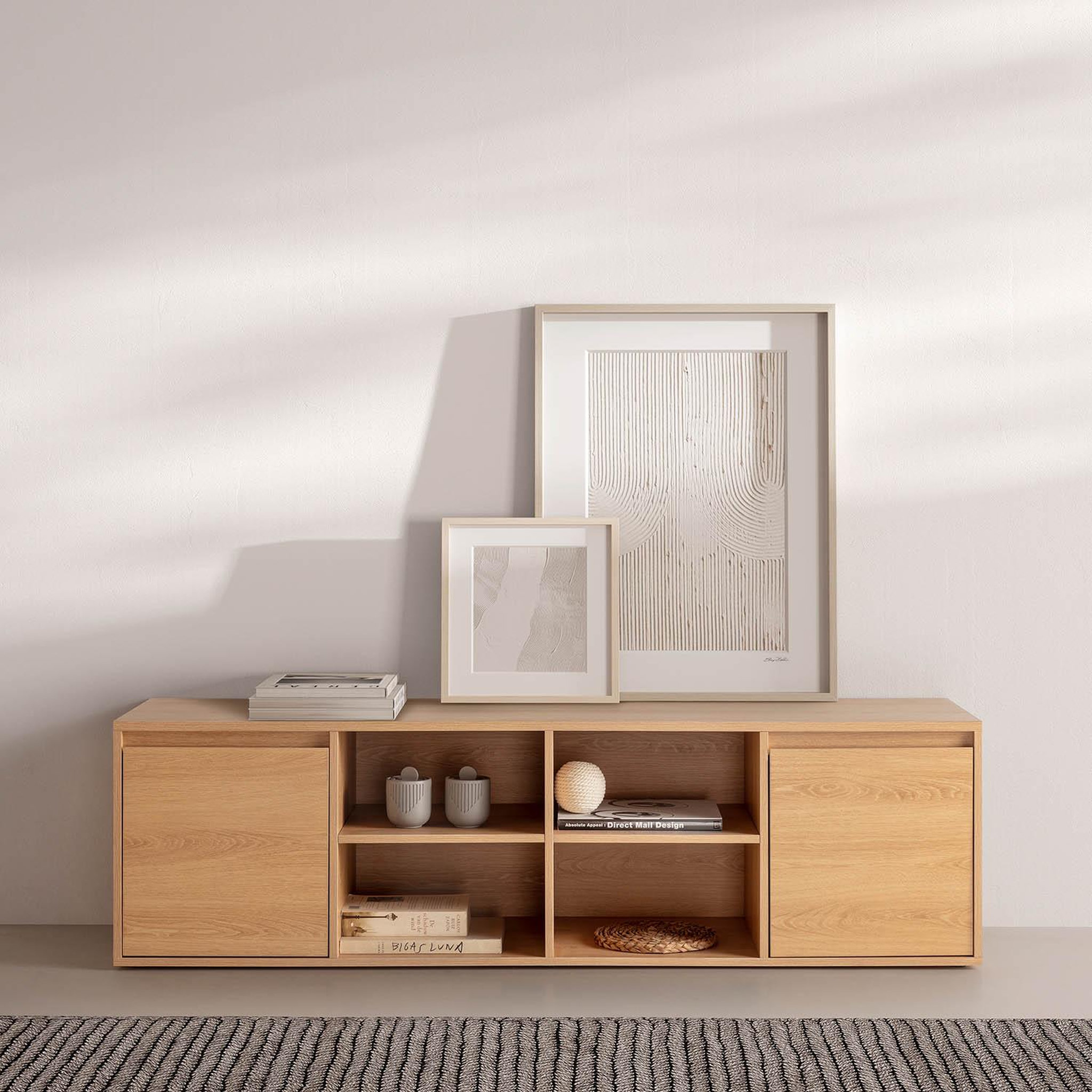 Voir la diapositive 2 : VS VENTA-STOCK Meuble TV Tori 2 Portes 4 Trous, Couleur Chêne, 160 cm