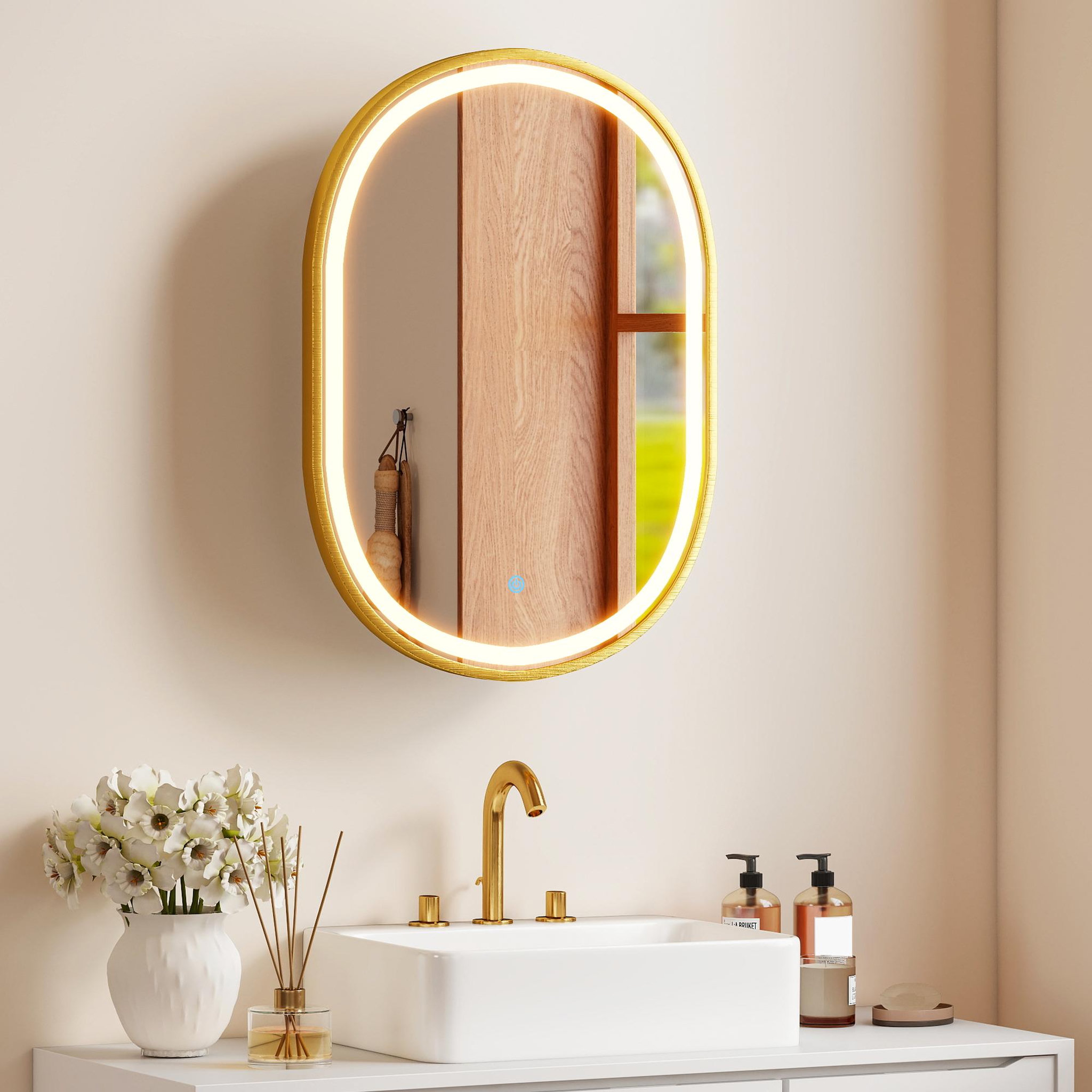 Voir la diapositive 2 : HOMCOM Armoire miroir led réglable salle de bain design ovale alu brossé doré 2 étagères