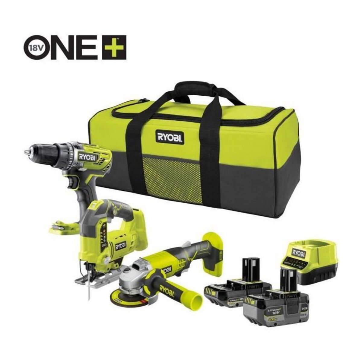 Ryobi RYOBI 3 outils : 1 perceuse-visseuse Brushless + 1 meuleuse 115 mm + 1 scie sauteuse + 2 batteries 4 Ah & 2 Ah + 1 chargeur & 1