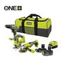 Voir la diapositive 2 : Ryobi RYOBI 3 outils : 1 perceuse-visseuse Brushless + 1 meuleuse 115 mm + 1 scie sauteuse + 2 batteries 4 Ah & 2 Ah + 1 chargeur & 1