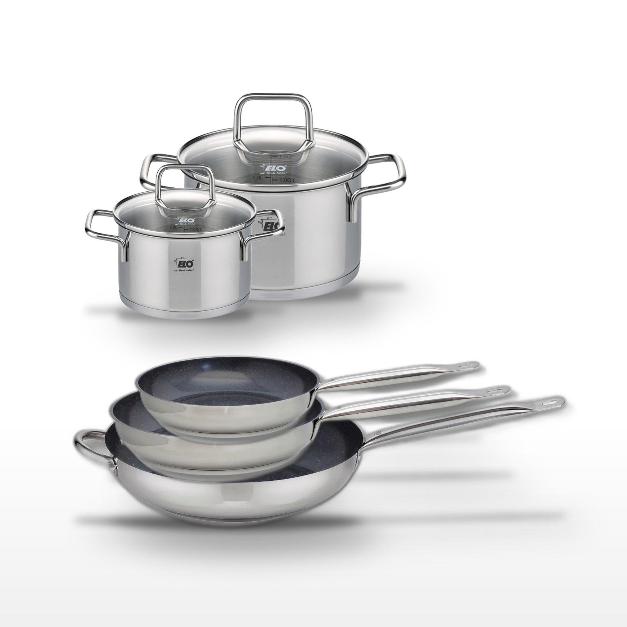 ELO Lot de 3 poêles 24/28/32cm elo profi therm platinum et 2 faitouts 12/16cm