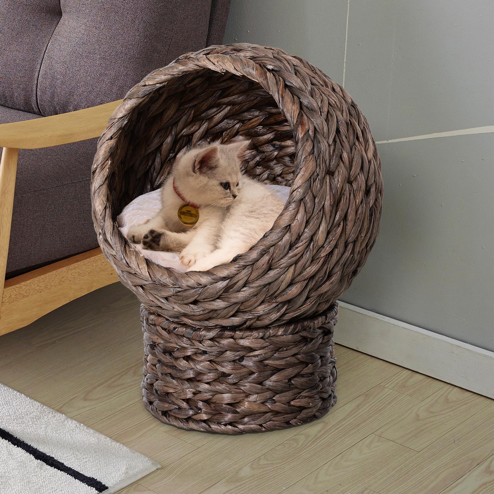 Voir la diapositive 2 : PAWHUT PawHut Panier chat lit chat cosy grand confort dim. 42L x 33l x 52H cm coloris gris coussin moelleux beige inclus