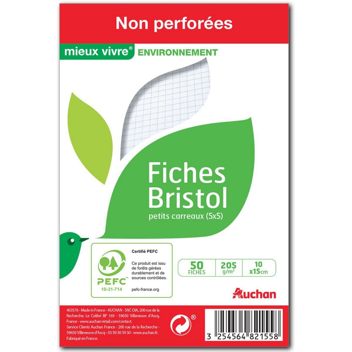 AUCHAN Lot de 50 fiches bristol 10x15cm petits carreaux 5x5 non perforées