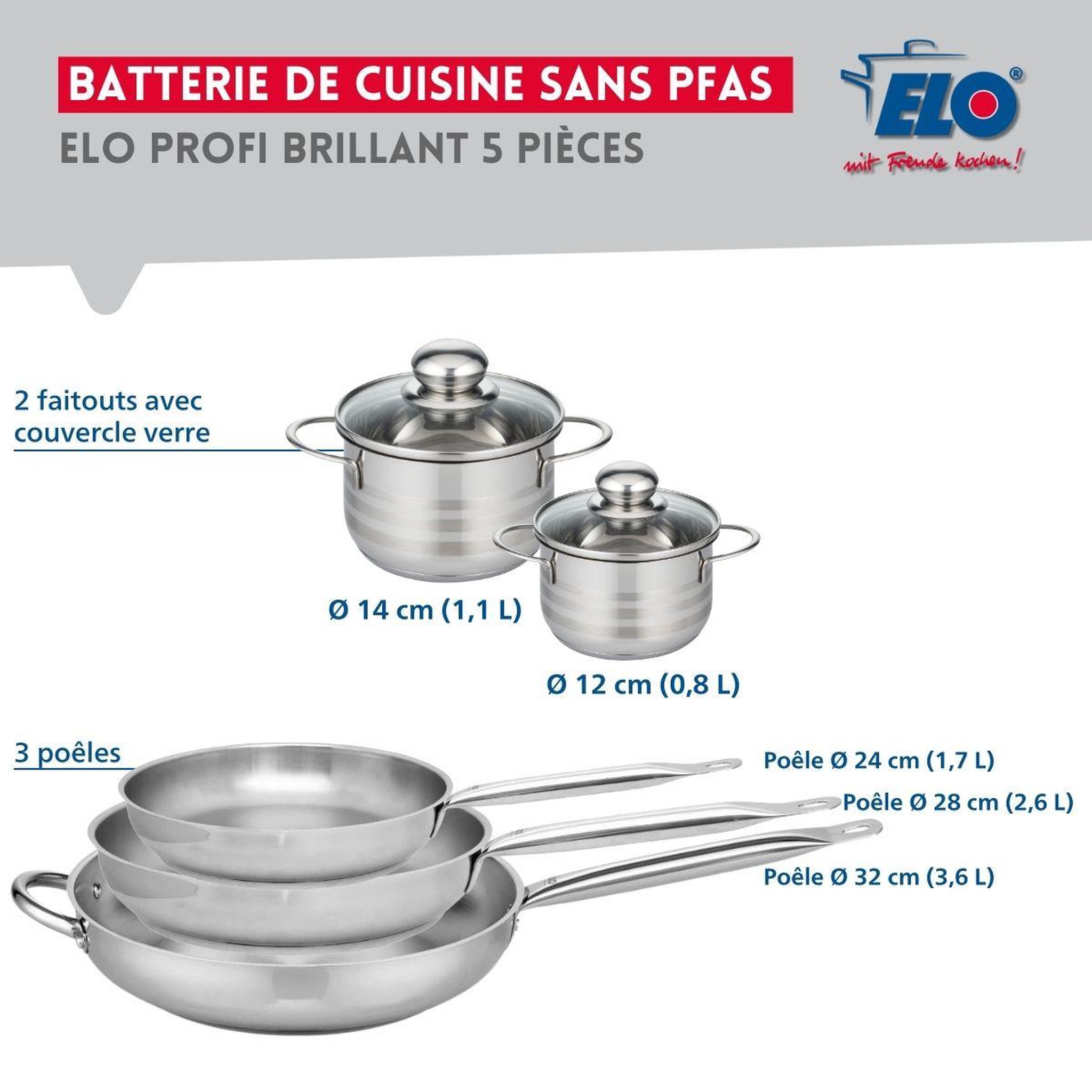 Voir la diapositive 2 : ELO Ensemble de 3 poêles de cuisson 24, 28 et 32 cm et 2 faitouts 12 et 14 cm elo profi brillant
