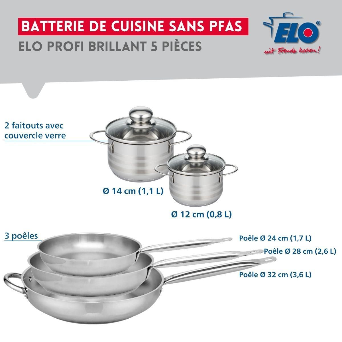 ELO Ensemble de 3 Poêles de cuisson 24, 28 et 32 cm et 2 faitouts 12 et 14 cm Elo Profi Brillant