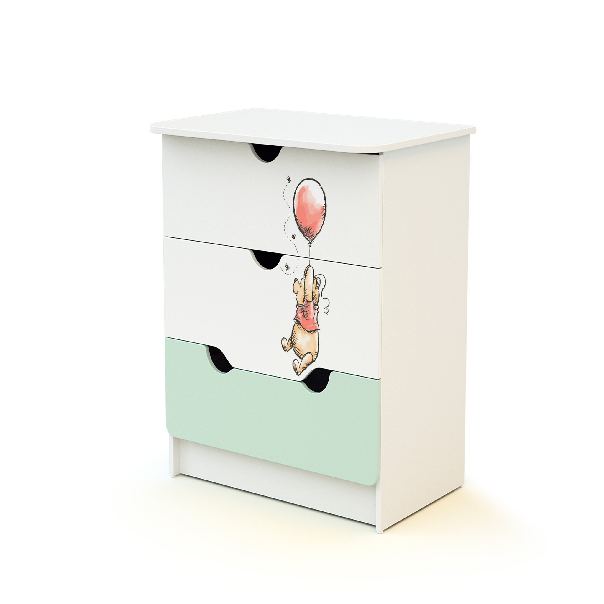 Voir la diapositive 5 : AT4 Ensemble lit bébé 60x120 cm et commode à langer 3 tiroirs WINNIE BALLON DISNEY Vert d'eau