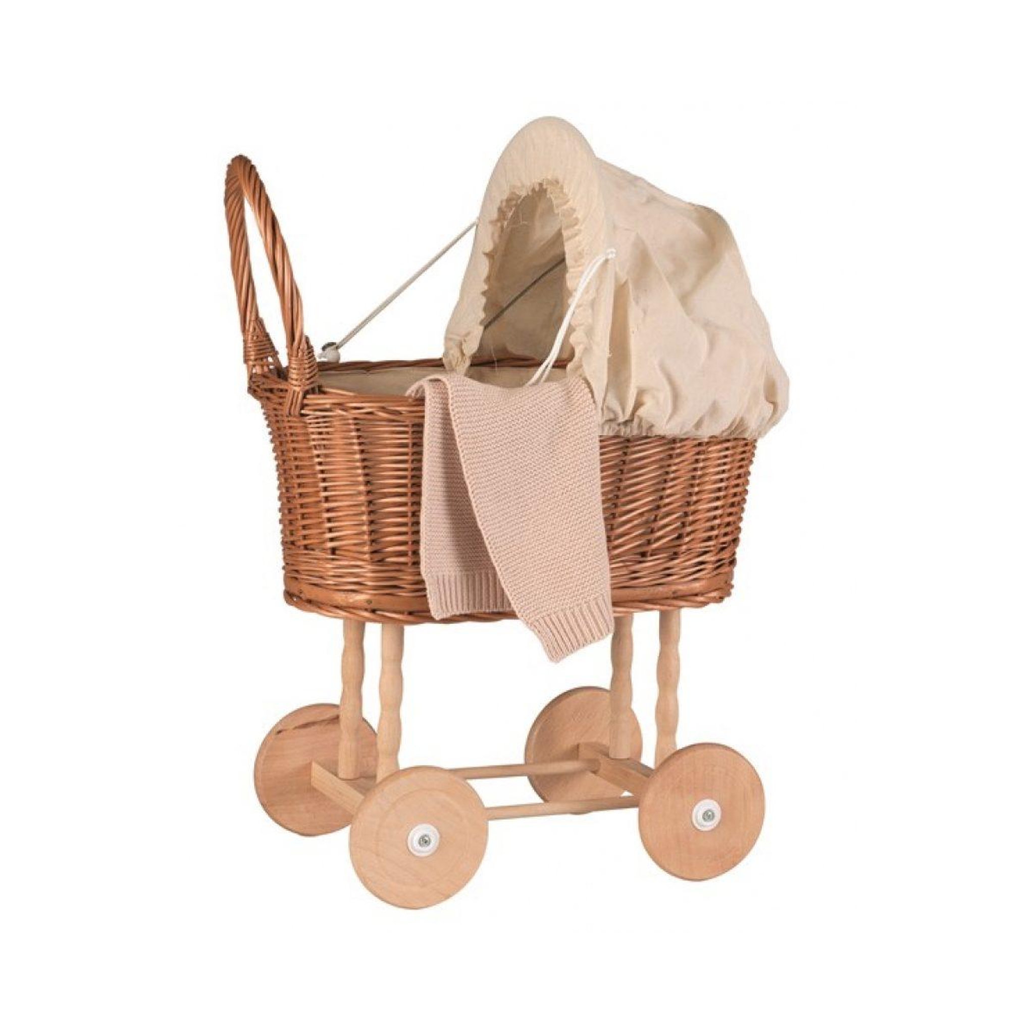 EGMONT TOYS Landau en osier ecru avec couverture tricotee