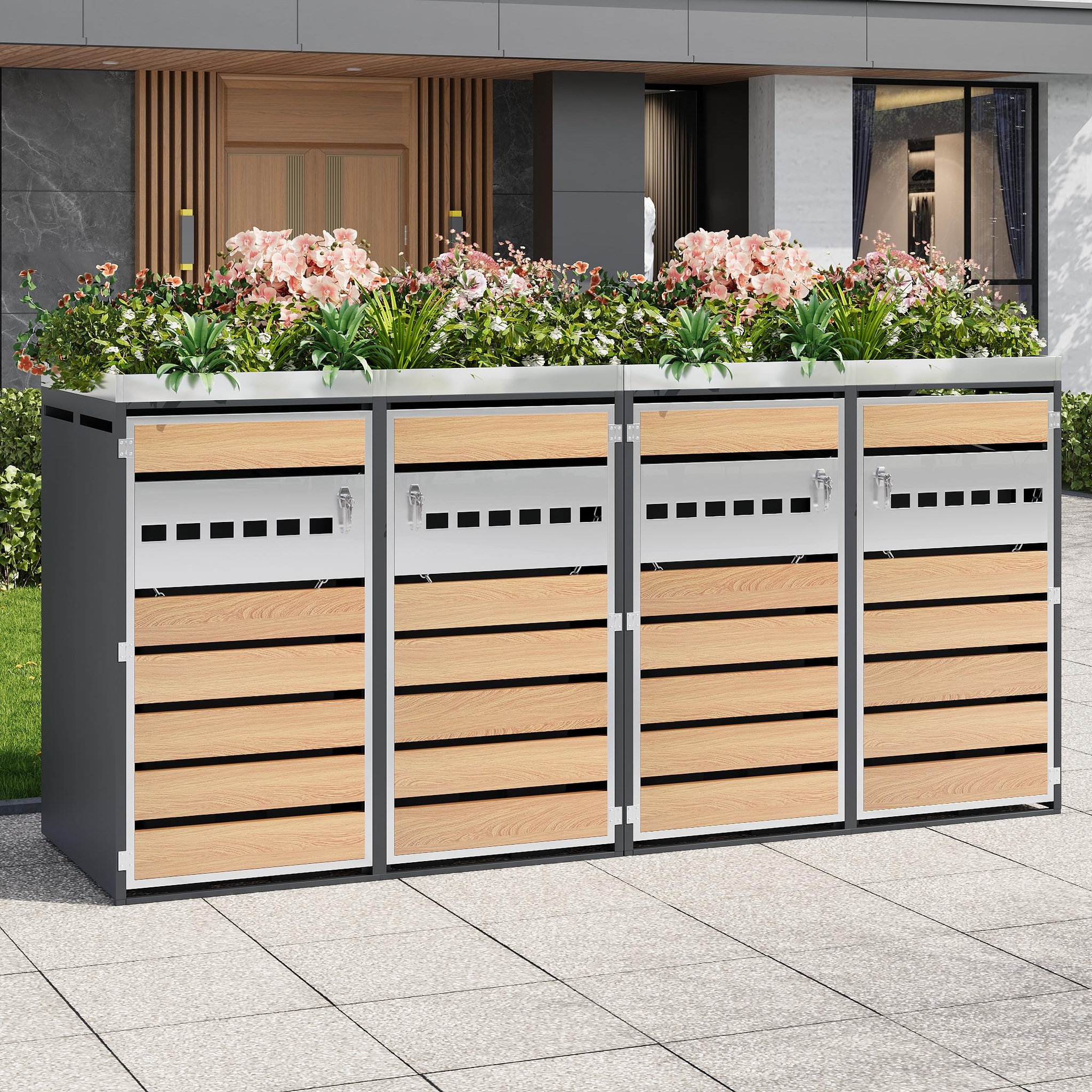 Voir la diapositive 2 : MERAX Cache Poubelle Extérieur Lot de 2 avec Bac à Plantes, Gris