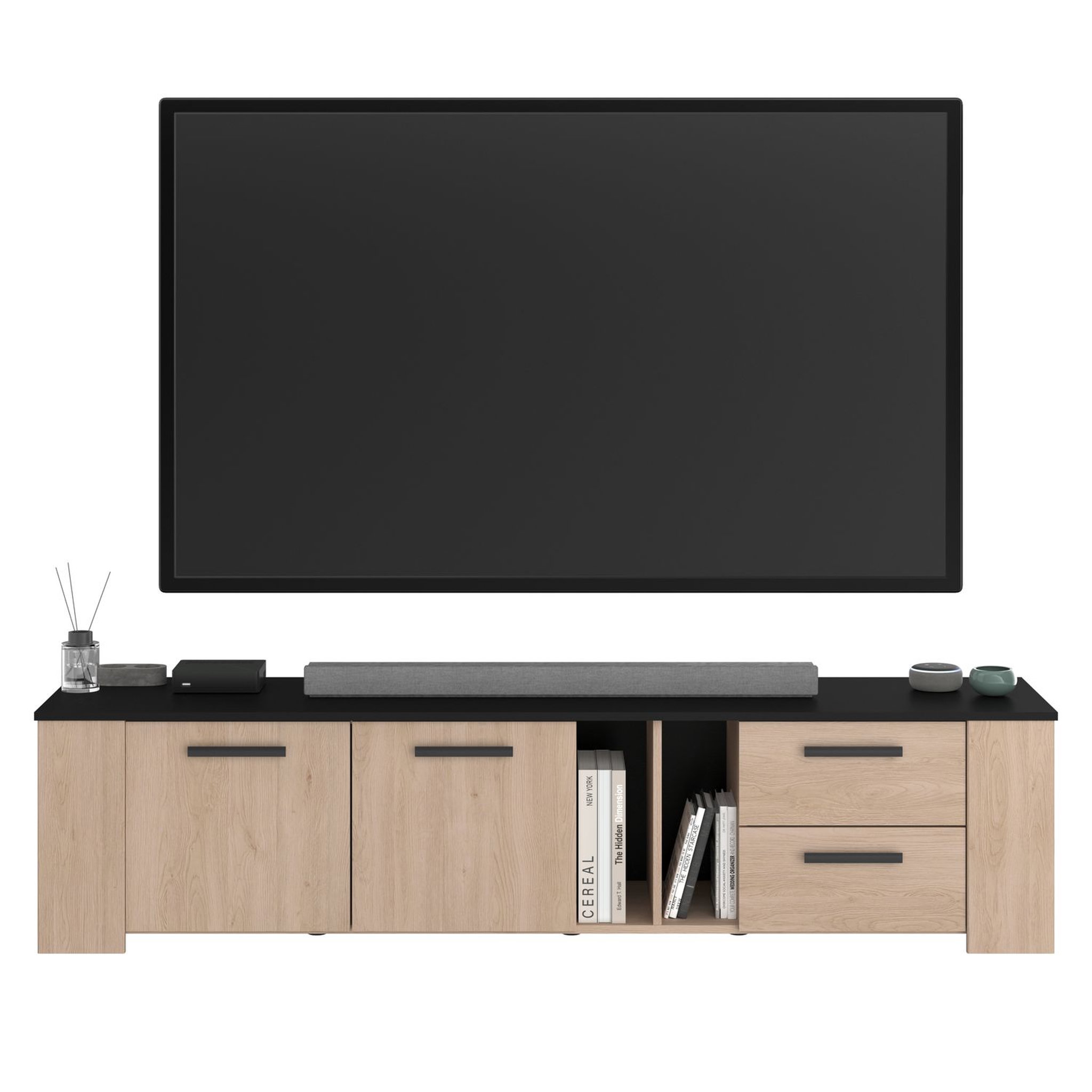 Voir la diapositive 7 : Meuble TV 2 portes 2 niches 2 tiroirs 2 portes L182cm LOLA