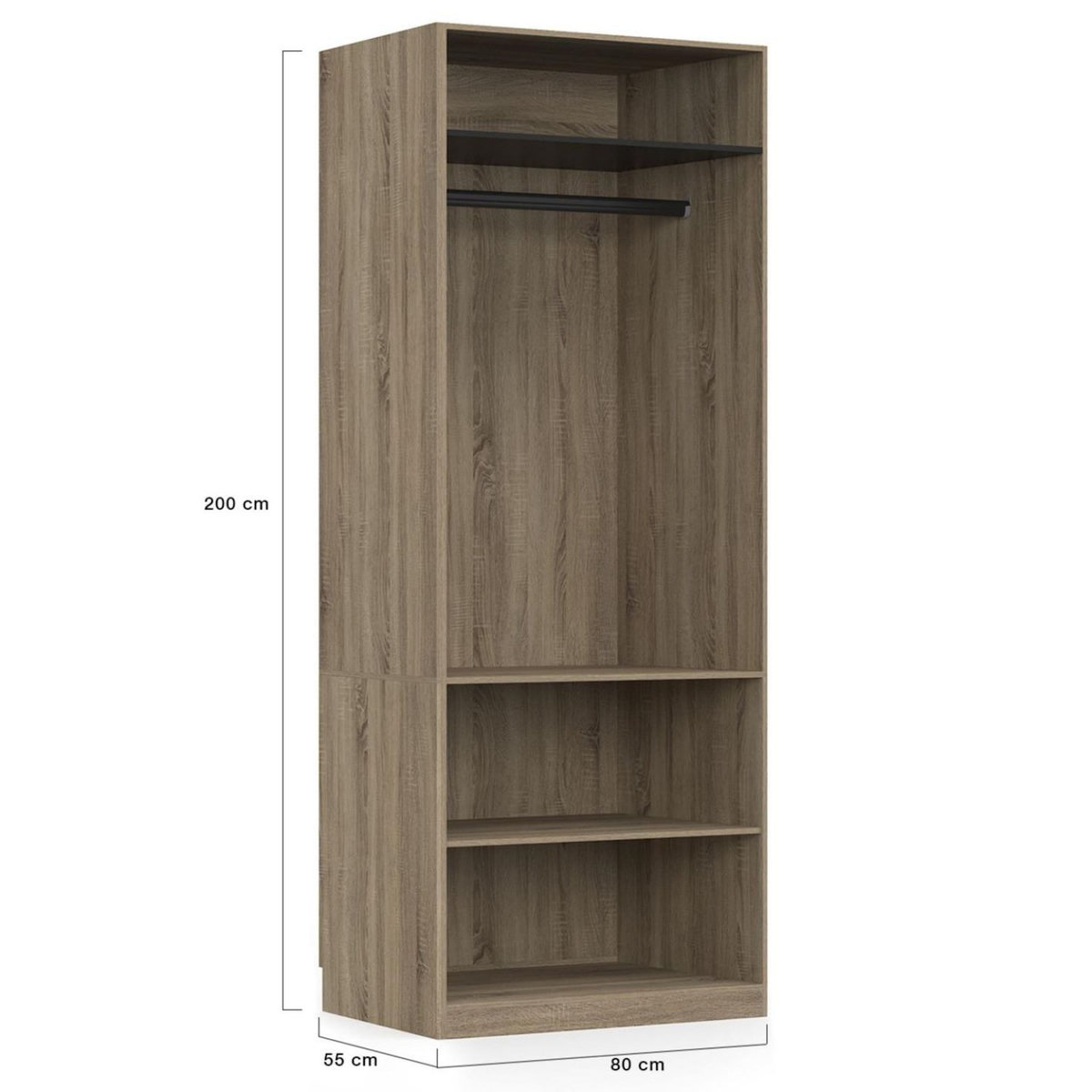 ID MARKET Dressing modulable TAYLOR 200 x 55 x 200 cm 3 modules avec penderies + étagères + tiroirs hêtre et noir