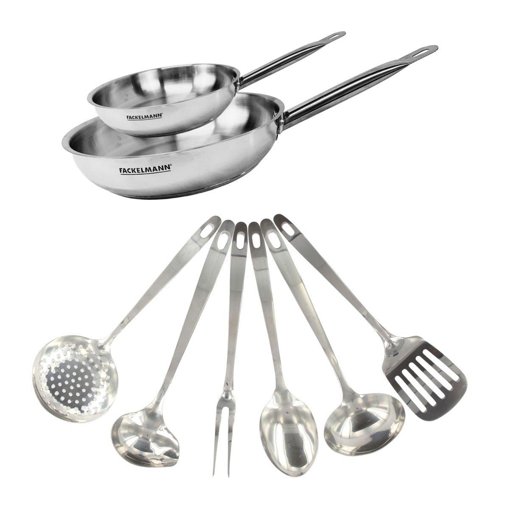 Fackelmann Set de 2 poêles de 20 et 28 cm en inox et 6 ustensiles inox fackelmann eterna