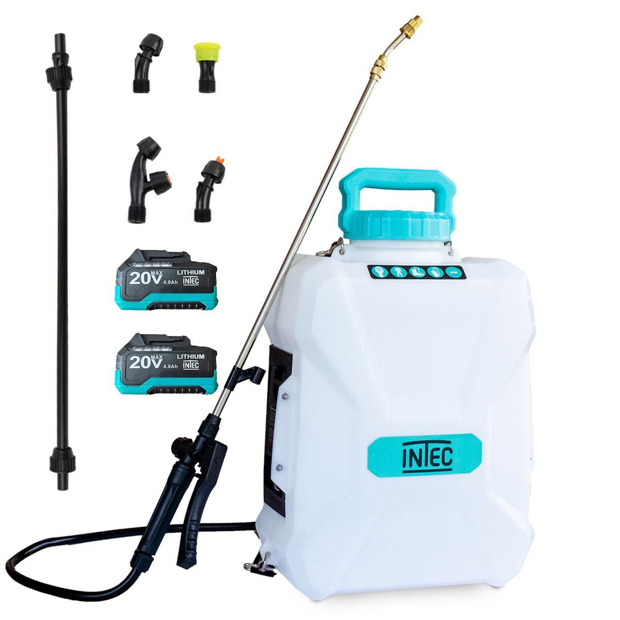 Voir la diapositive 1 : INTEC Pulvérisateur à batterie 20v 12l 5 bar + 2 batteries lithium 4.0ah + chargeur + 2 lances fibre et inox + 4 buses intec