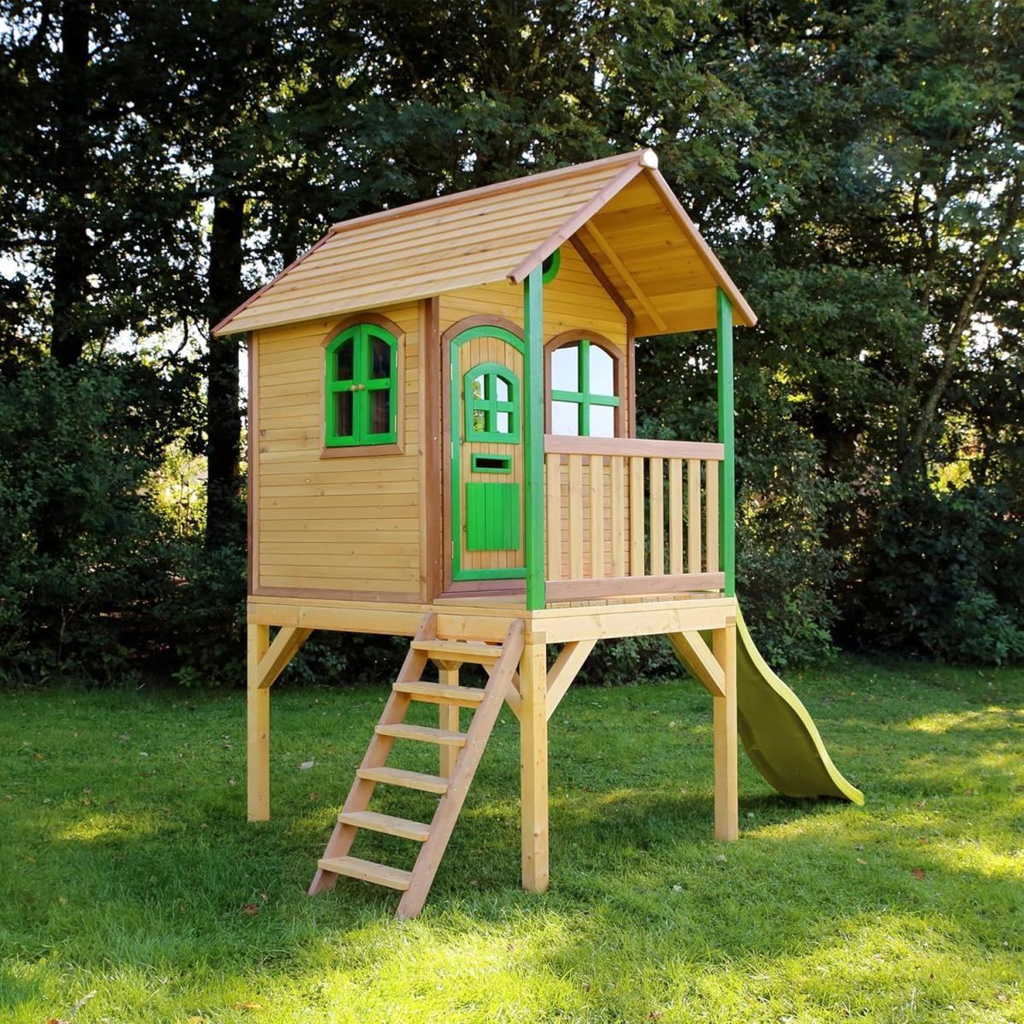 Voir la diapositive 2 : Axi House Maisonnette laura marron-vert toboggan vert citron