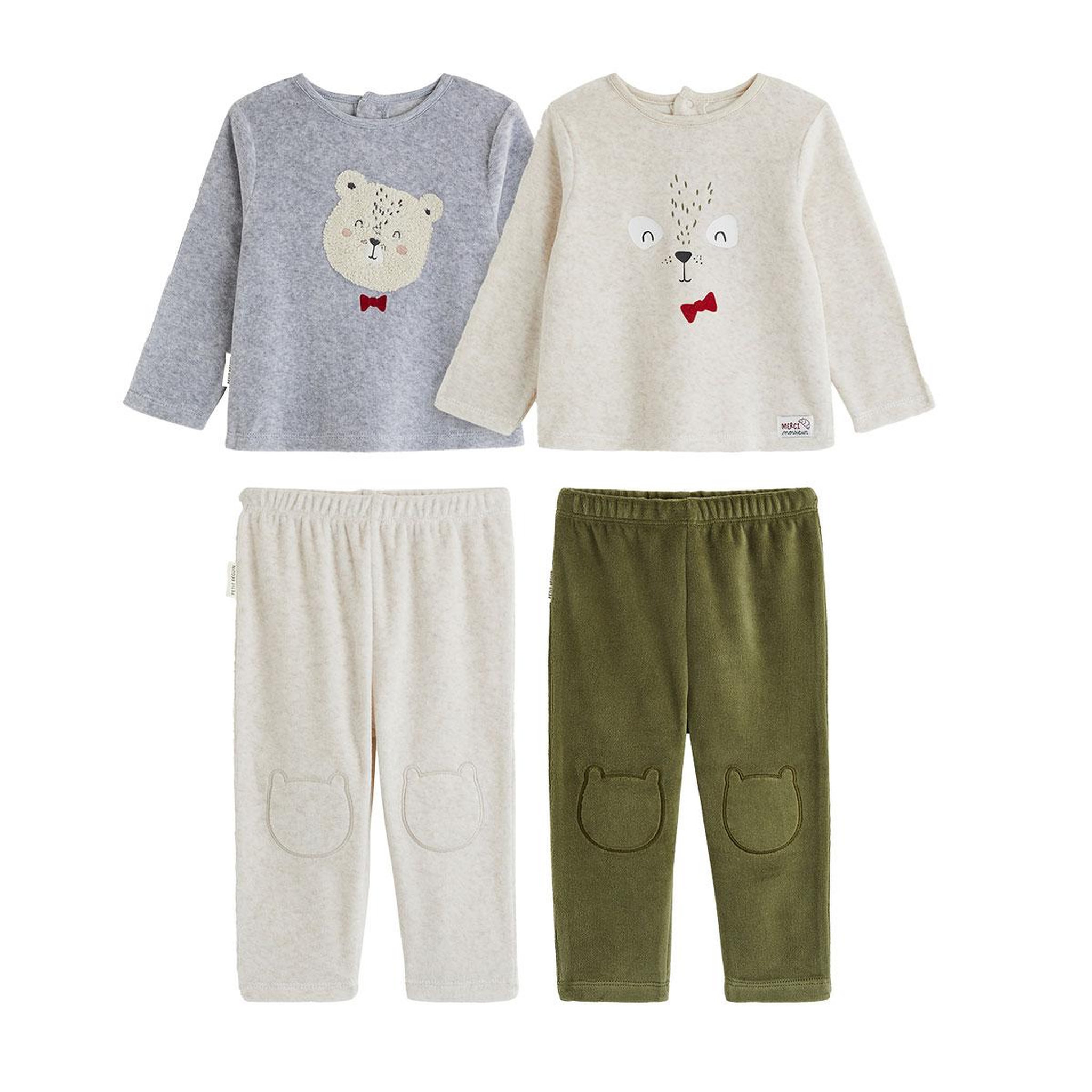 PETIT BEGUIN Lot de 2 pyjamas bébé 2 pièces en velours pistache. Coloris disponibles : Beige
