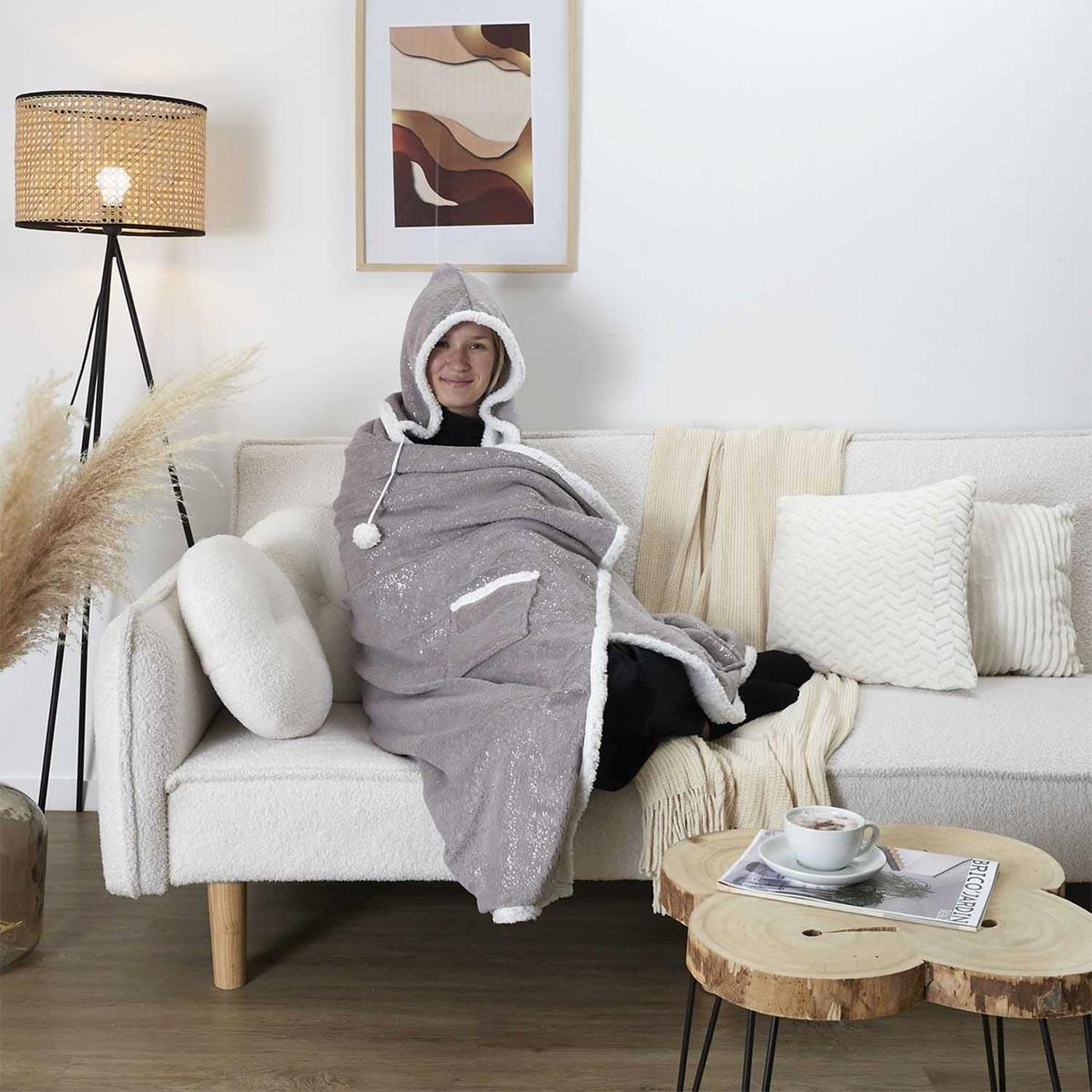 Voir la diapositive 2 : The Home Deco Factory Plaid sweat poncho  sherpa  130x170cm gris