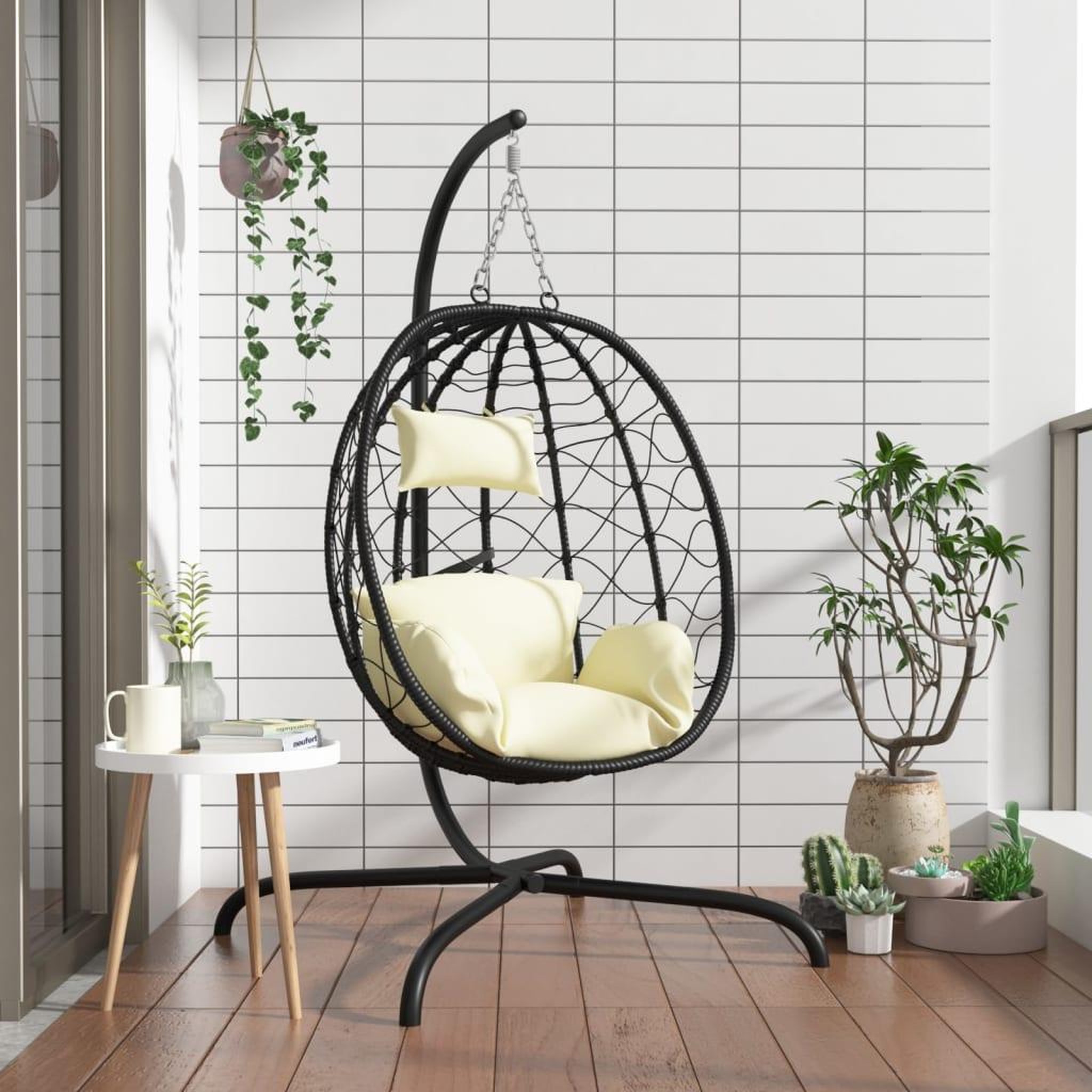 VIDAXL Chaise suspendue en forme d'œuf avec coussin blanc creme