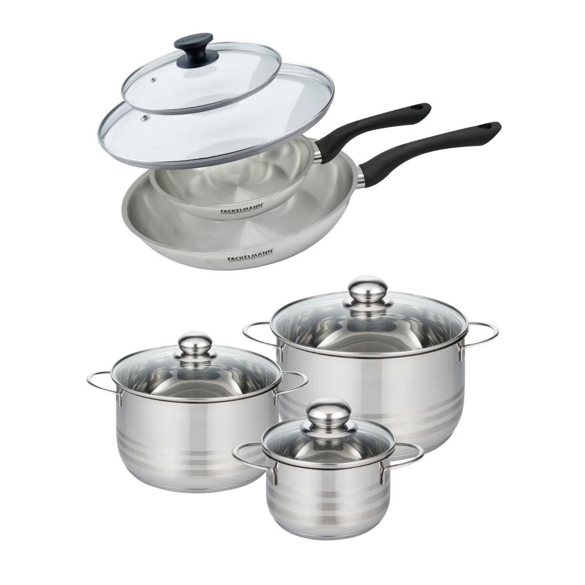 Fackelmann Set de 2 poêles 20 et 28 cm en inox et couvercle, 3 faitouts inox 16, 20 et 24 cm Fackelmann Geneva