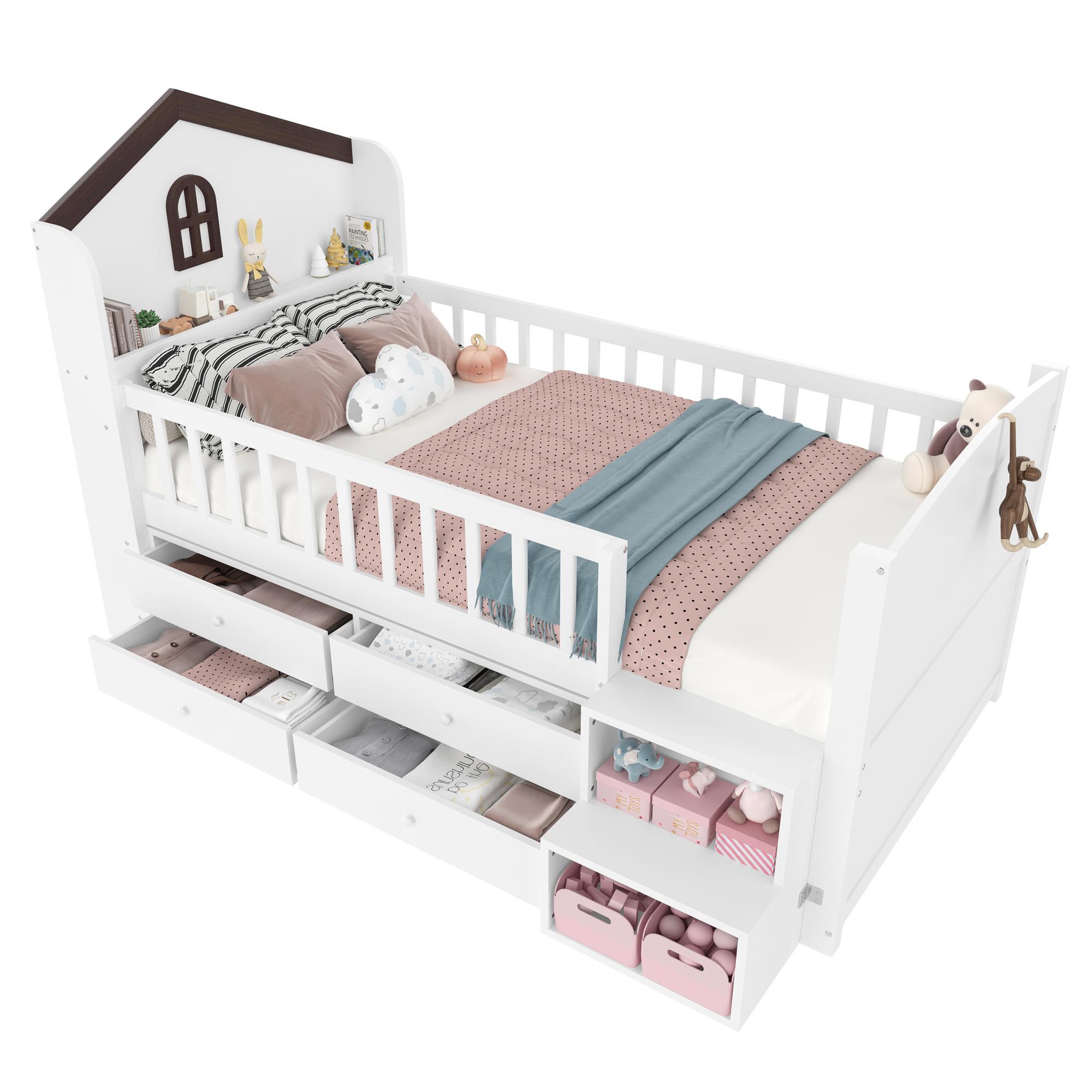 MERAX Lit enfant mi hauteur 90x200cm coloris blanc led pin