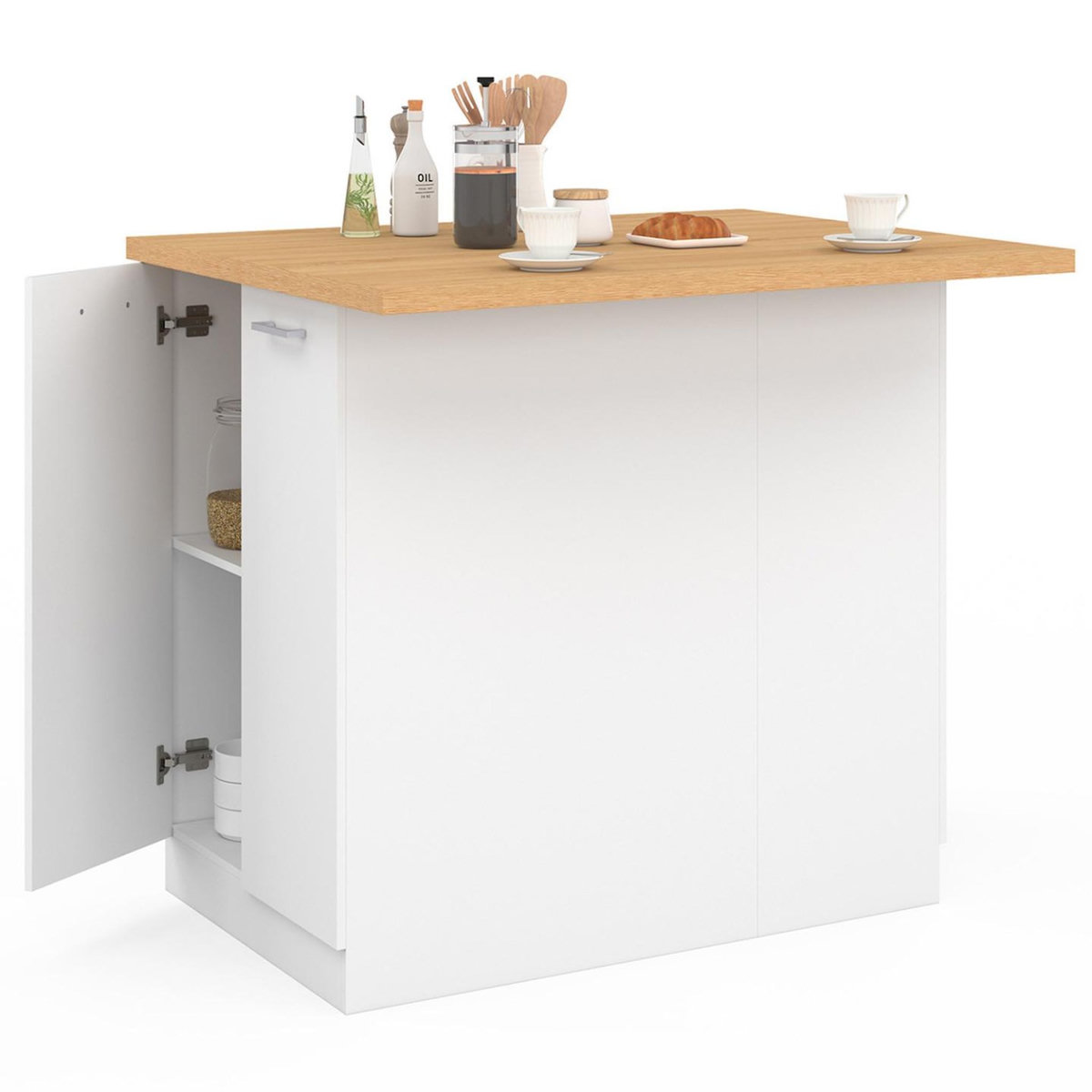 ID MARKET Ilot central IVO 100 cm blanc avec plan de travail façon hêtre