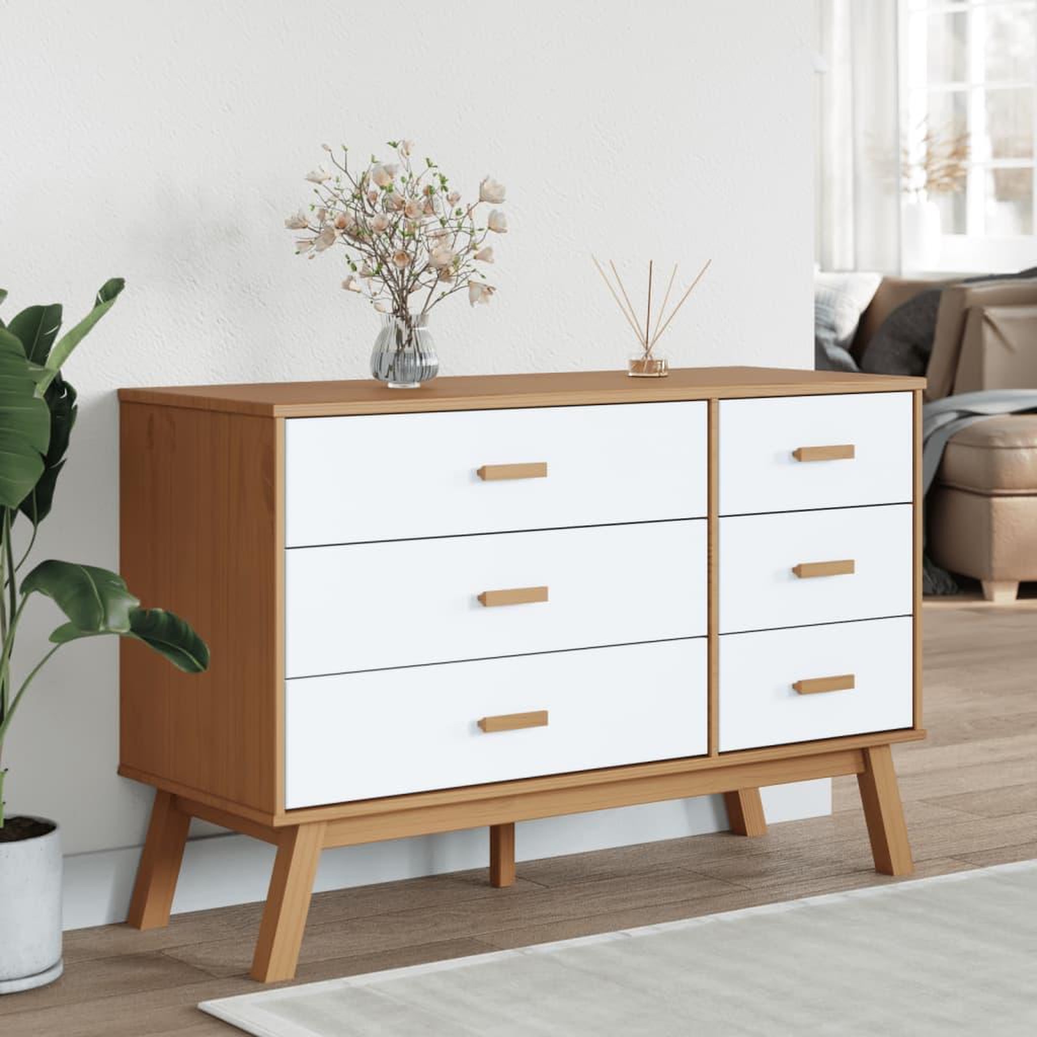 Voir la diapositive 3 : VIDAXL Armoire a tiroirs OLDEN blanc et marron bois de pin solide