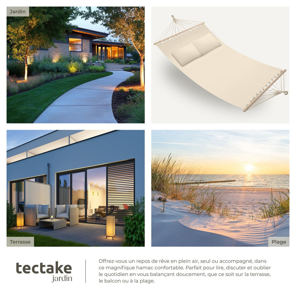 tectake Hamac avec barres d'expansion pour 2 personnes beige