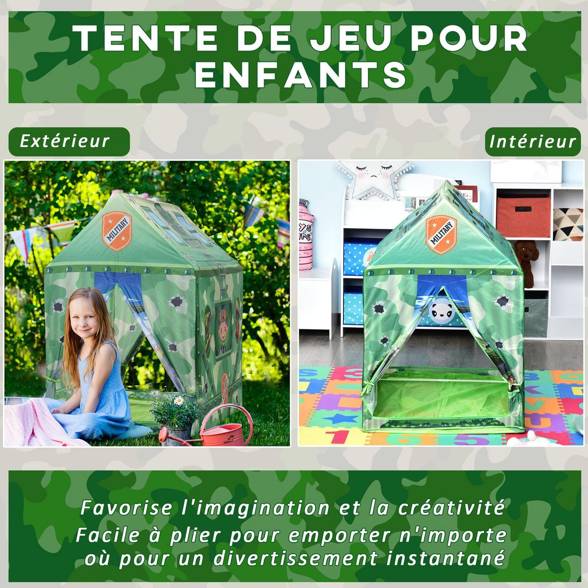 HOMCOM Tente enfant tente de jeu tente militaire dim. 93L x 69l x 103H cm 2 portes polyester vert