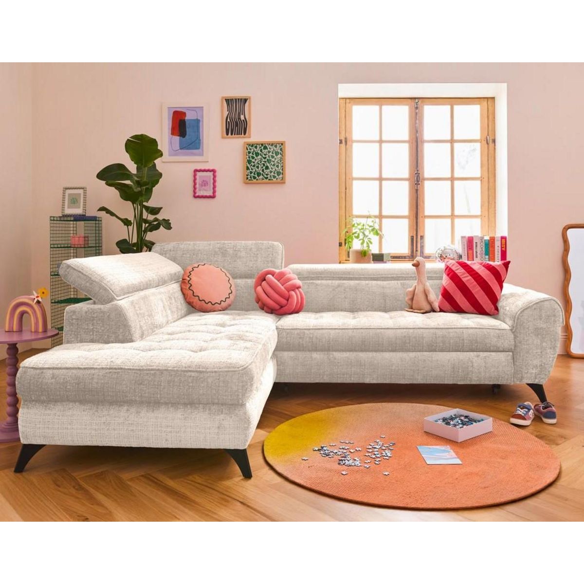 LISA DESIGN Marlo - canapé d'angle gauche 5 places convertible avec coffre et têtières en velours texturé