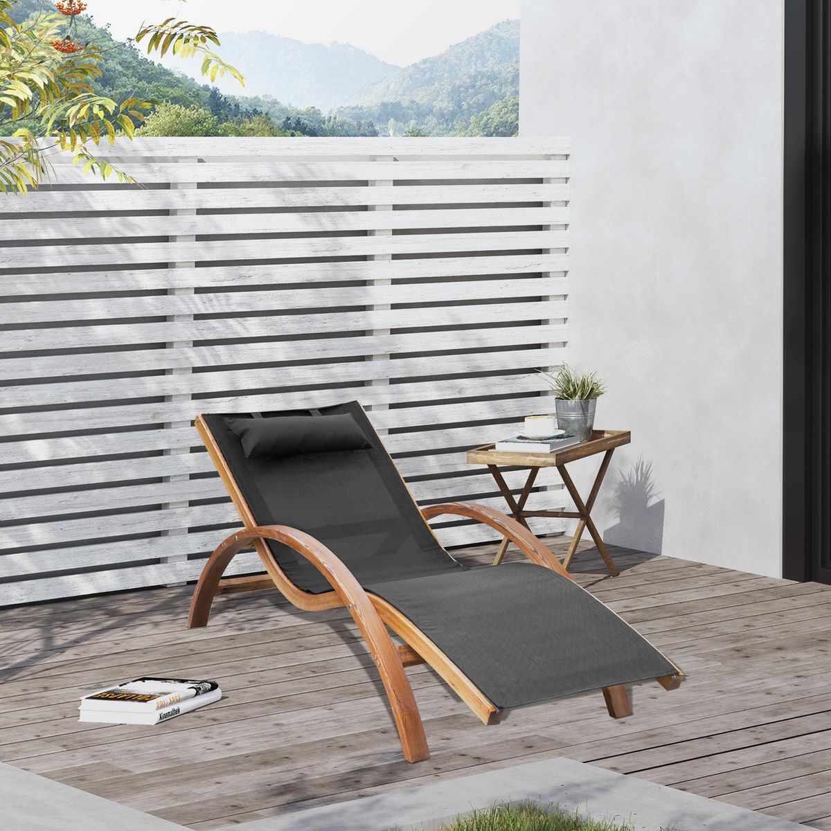 OUTSUNNY Transat chaise longue design style tropical bois massif naturel coloris beige noir