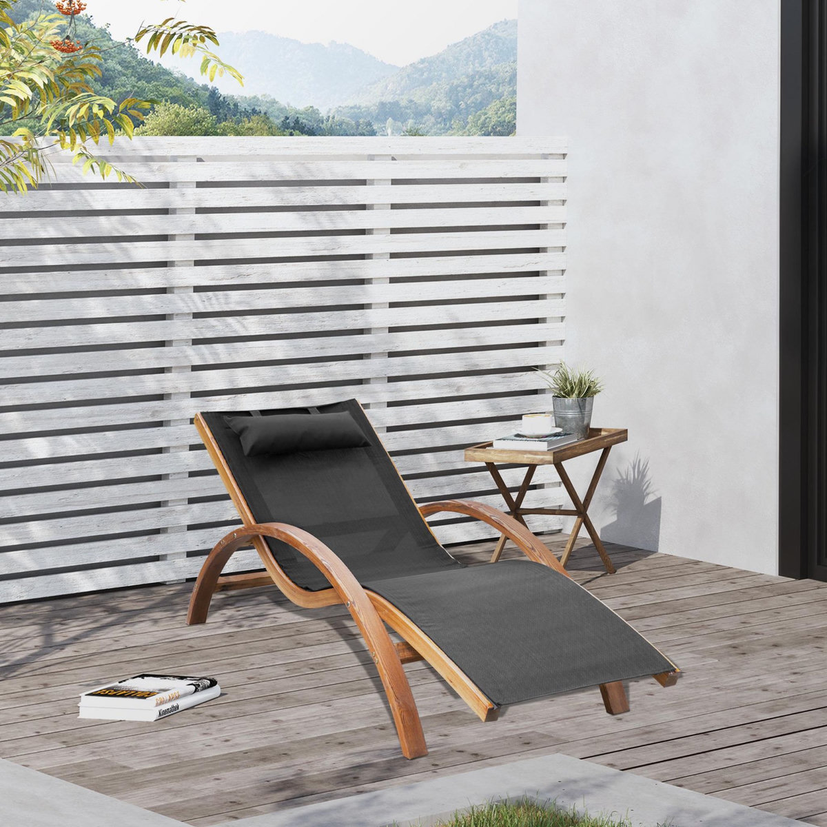 OUTSUNNY Transat chaise longue design style tropical bois massif naturel coloris beige noir