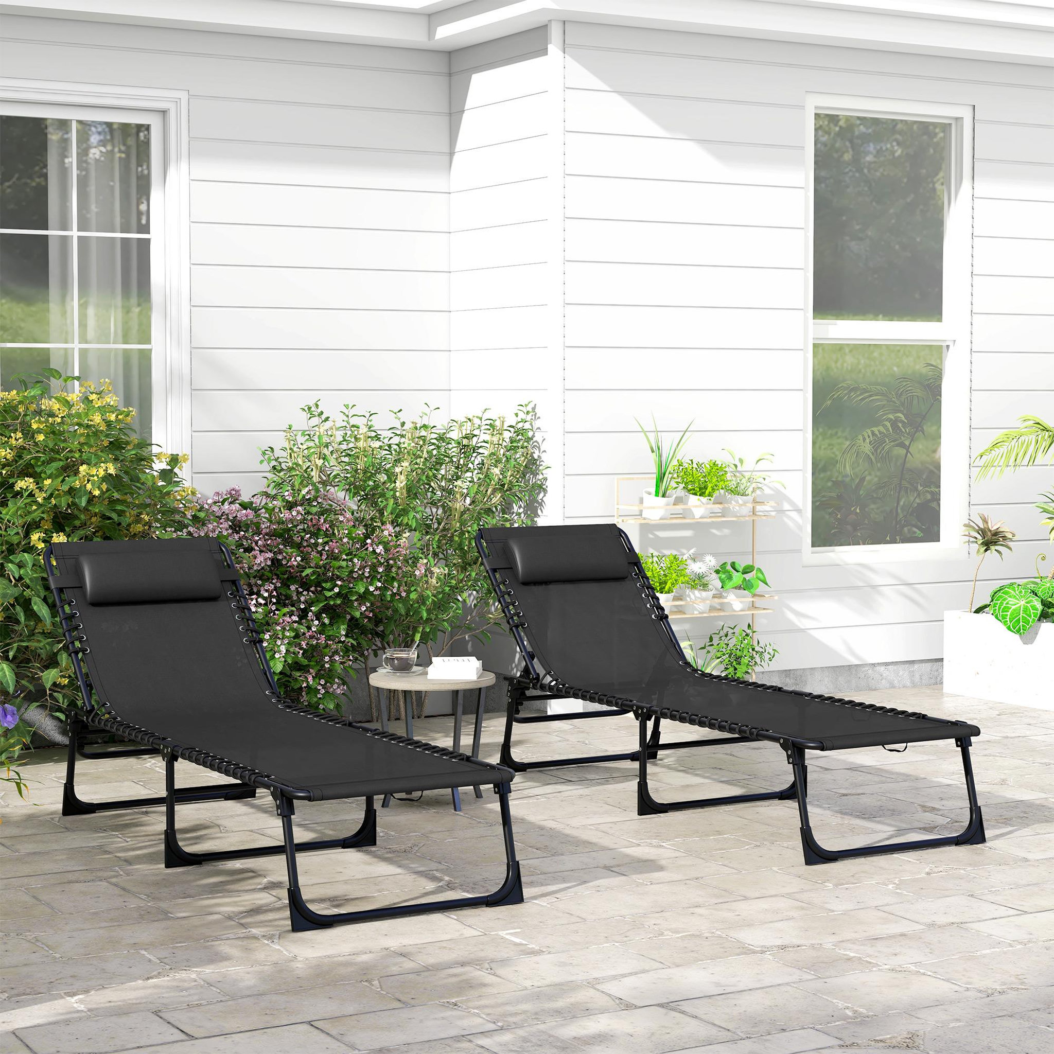 Voir la diapositive 2 : OUTSUNNY Lot de 2 bains de soleil transats pliables inclinables 4 positions acier textilène noir