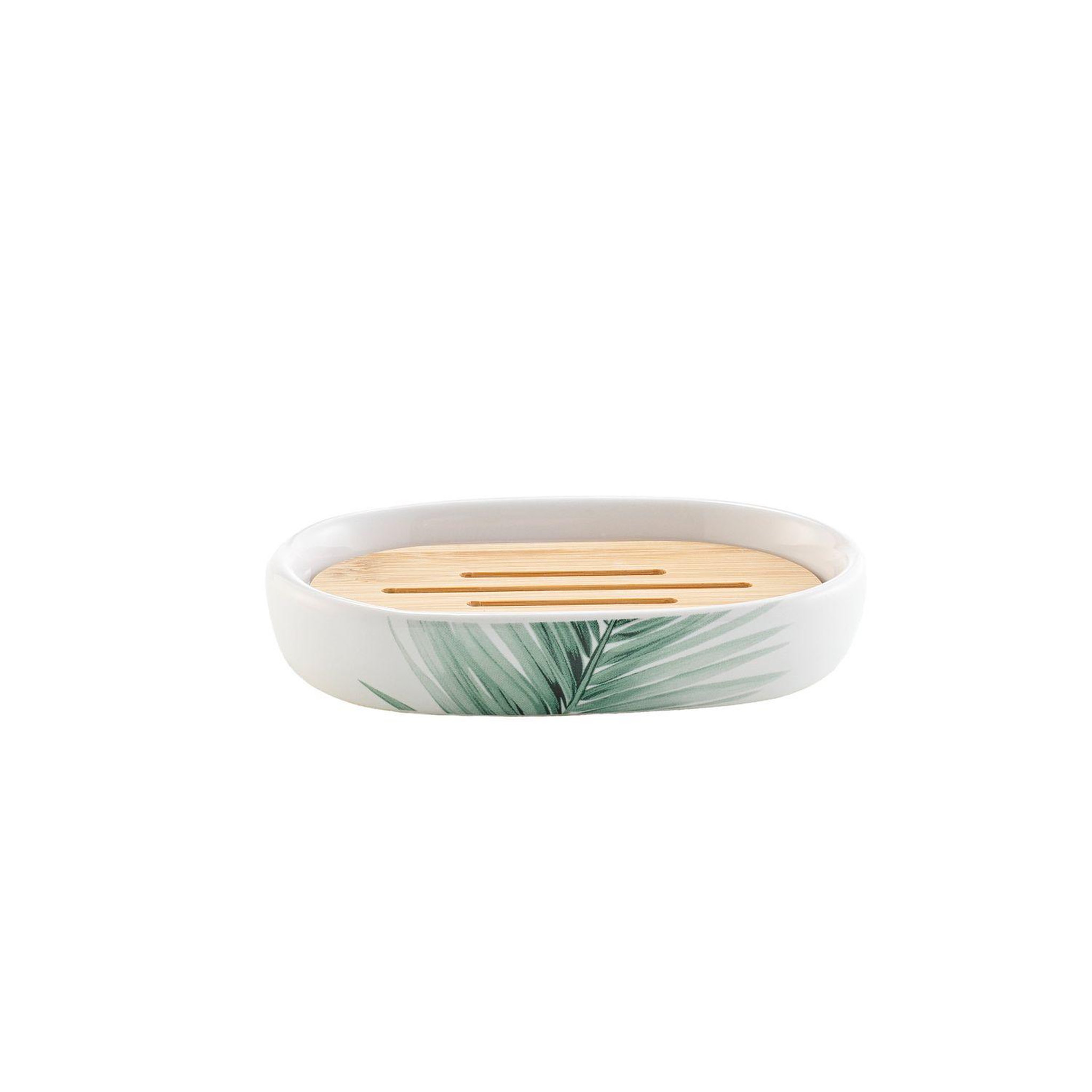 Douceur d'Intérieur Porte savon varadero en céramique et bambou - blanc et vert