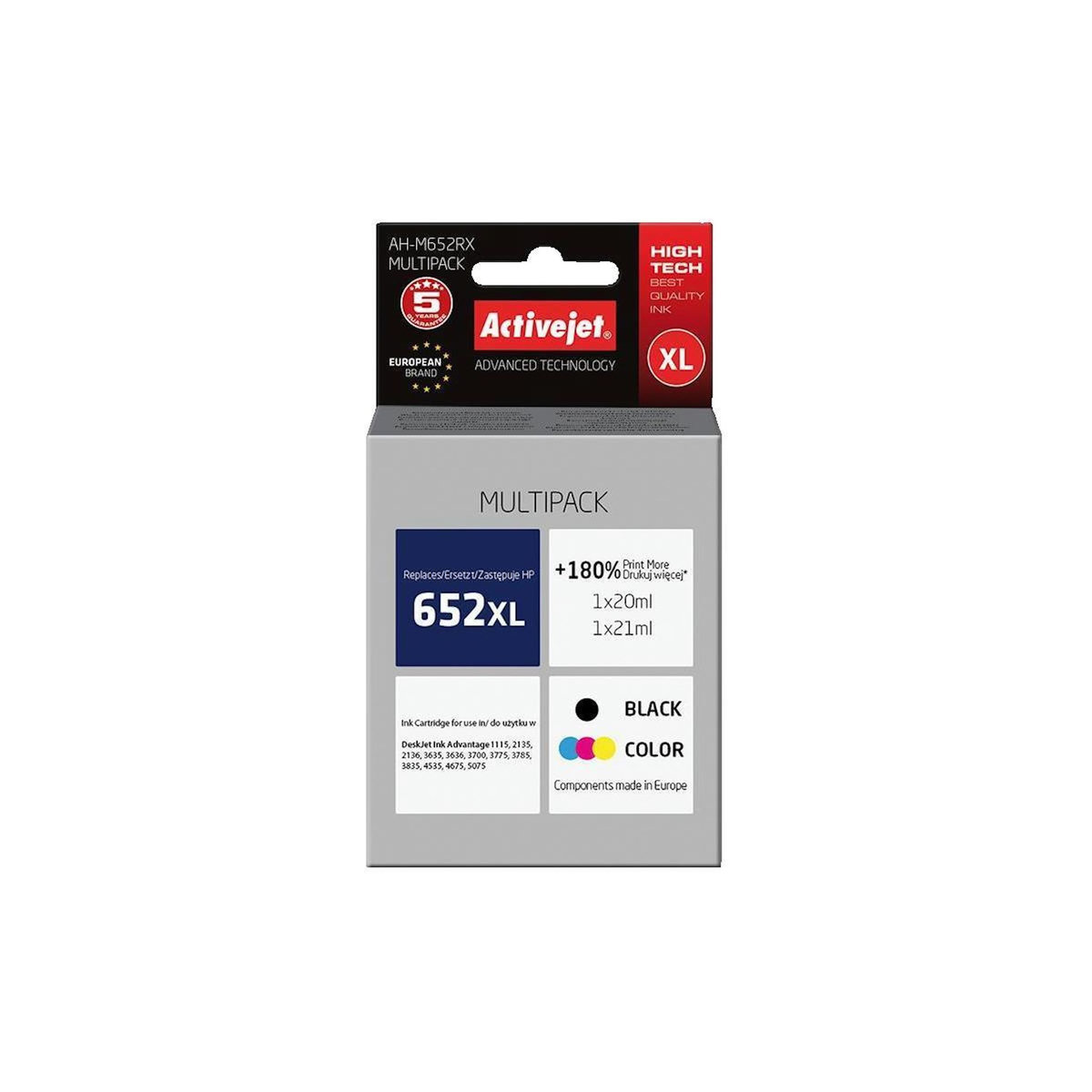 ActiveJet Cartouches d'encre Activejet AH-M652RX compatible HP 652 Noir et Couleur