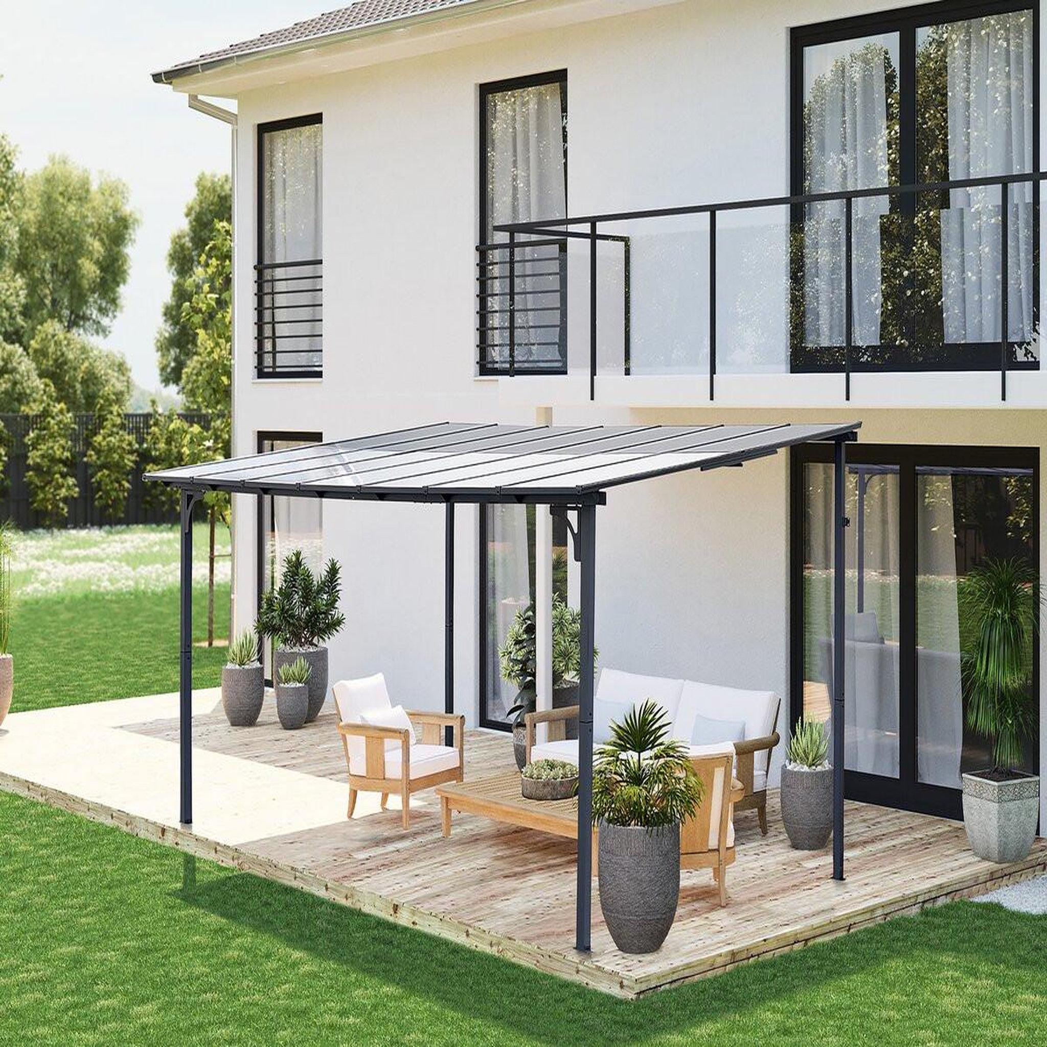Voir la diapositive 2 : Habitat et Jardin Pergola tonnelle adossée  marvin  - 4 x 3 m - 423 x 298 x 243 cm - gris foncé