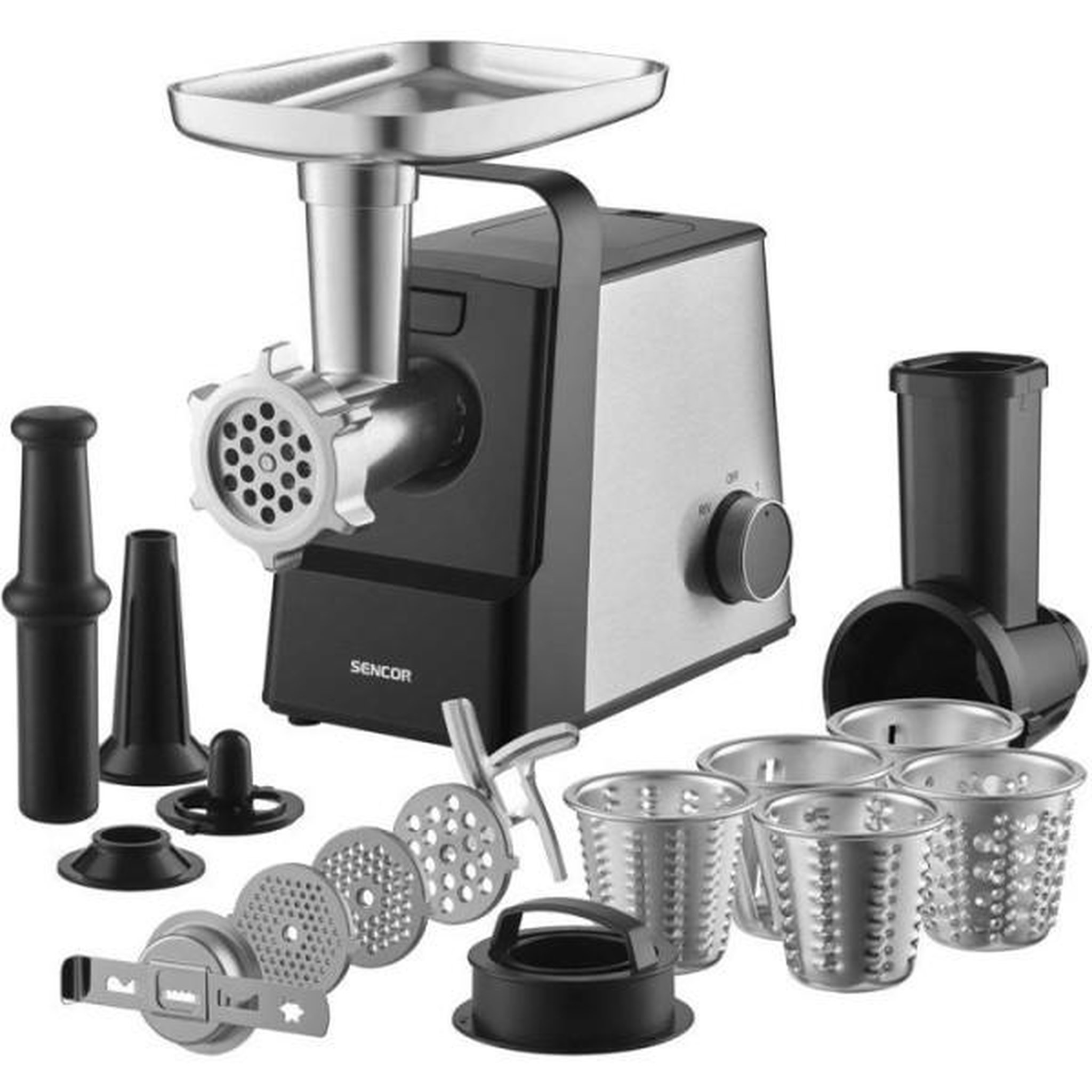 MARKET24 Hachoir Electrique  a viande Sencor SMG 7400SS - Saucisses et kebbé - Trancheur-râpe inclus - 3 disques - 2,5 kg/min - Inox
