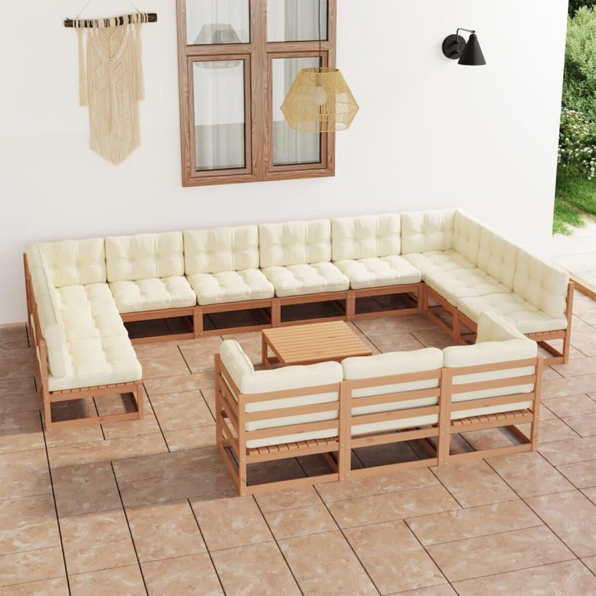 VIDAXL Salon de jardin 14 pcs avec coussins Marron miel Bois de pin