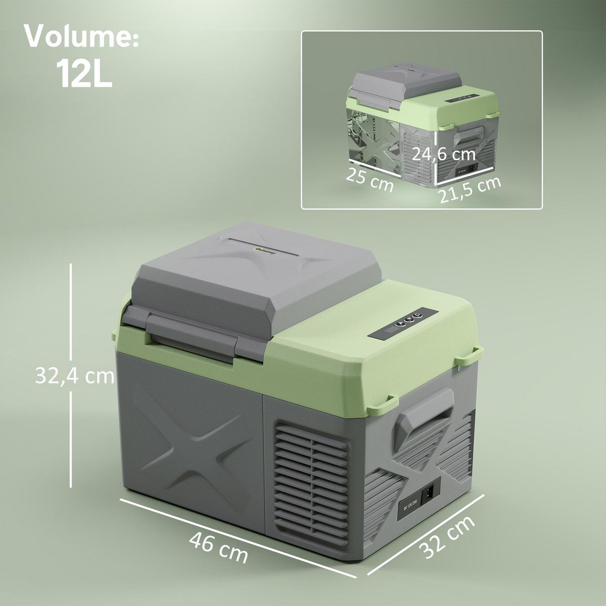 OUTSUNNY Glacière électrique voiture à compression 12L - réfrigérateur voiture congélateur 12/24V 60W max 2 modes gris vert