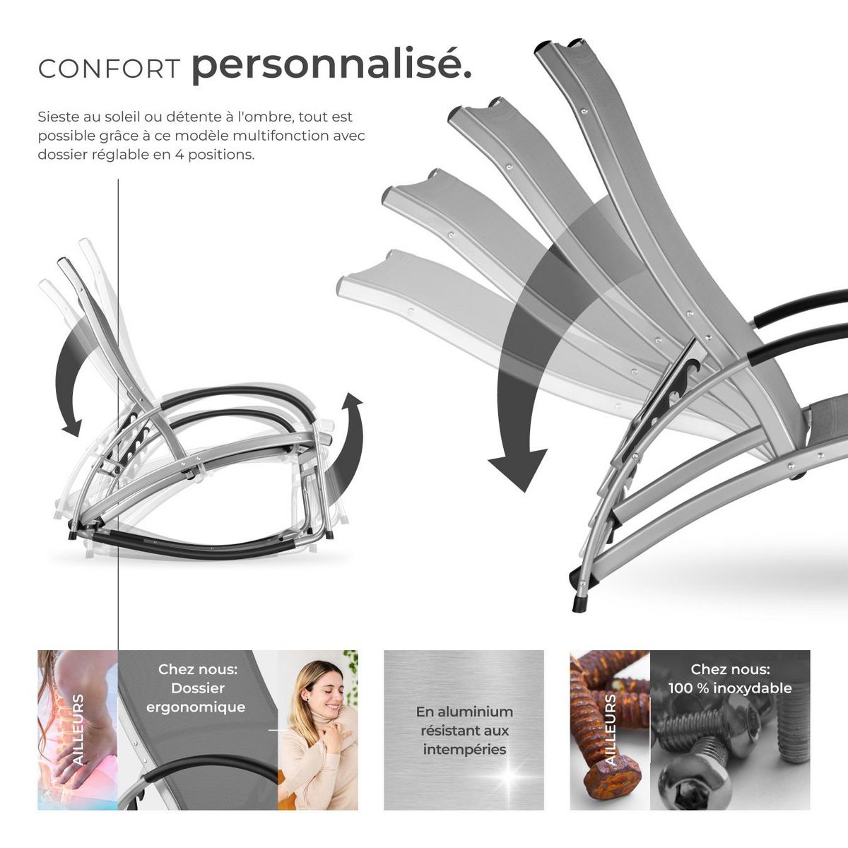 tectake Chaise longue 2-en-1 fonction comme chaise longue ou fauteuil à bascule gris anthracite