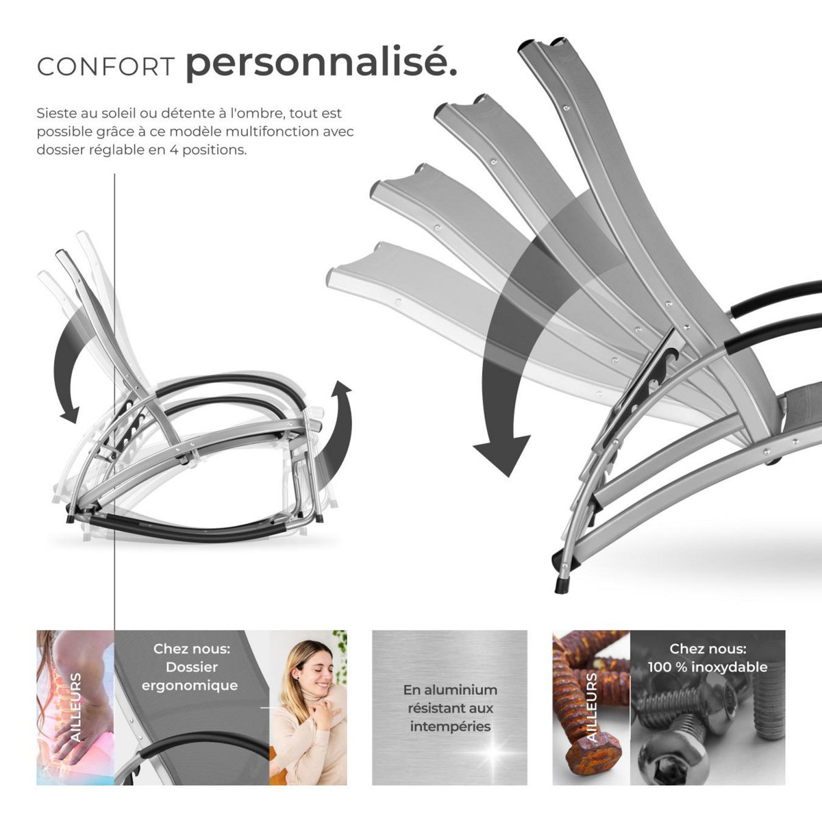 tectake Chaise longue 2-en-1 fonction comme chaise longue ou fauteuil à bascule gris anthracite