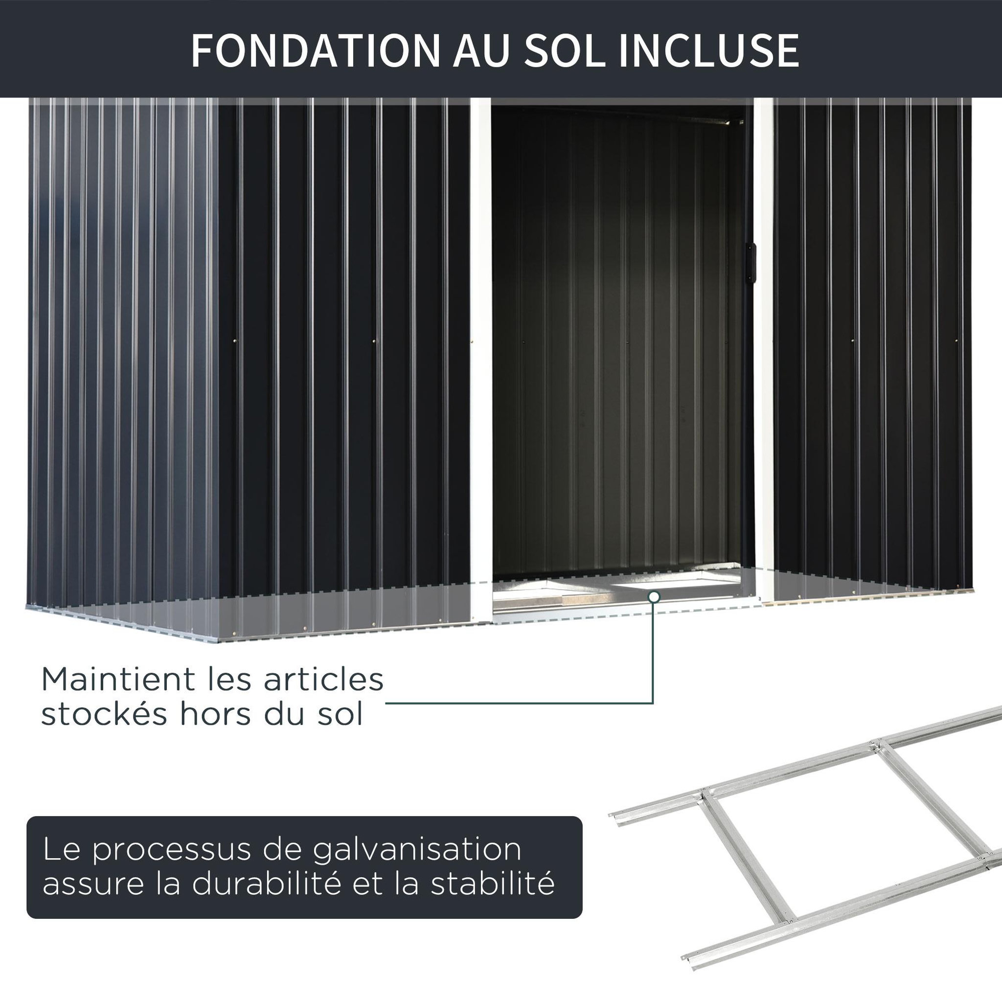 Voir la diapositive 6 : OUTSUNNY Abri de jardin - remise pour outils - cabanon portes verrouillables - dim. 2,8L x 1,3l x 1,72H m - tôle d'acier gris noir