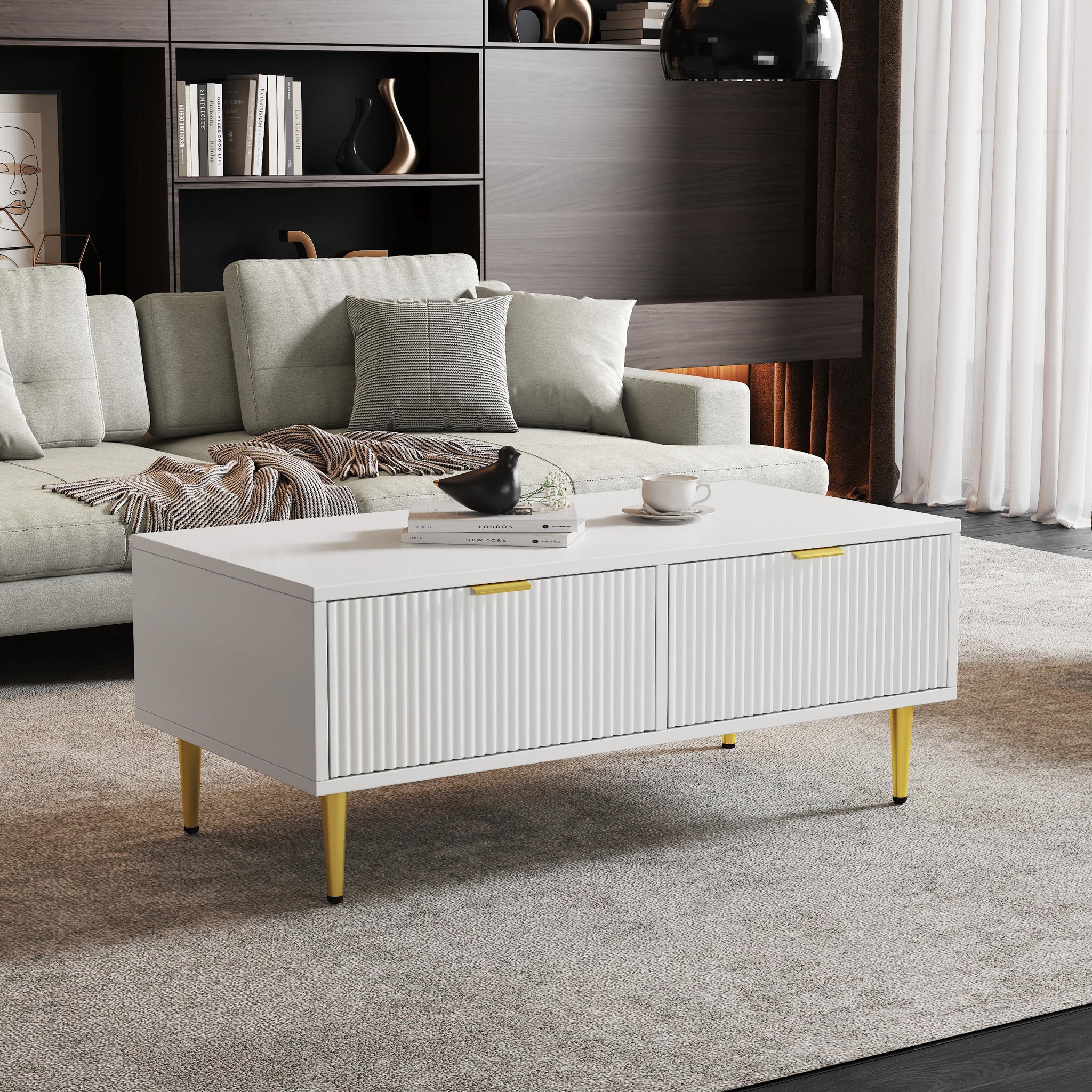 Voir la diapositive 2 : MERAX Table Basse Avec 2 Tiroirs Blanc