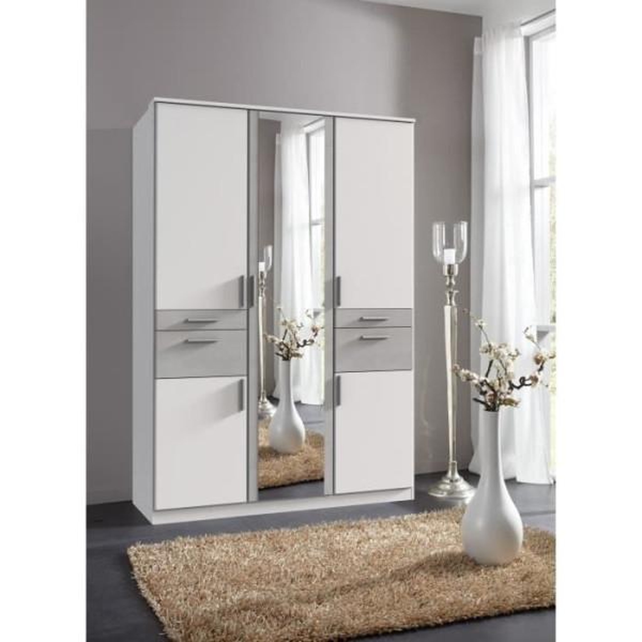 Voir la diapositive 2 : N/A Armoire Décor Blanc & Gris béton - 5 portes battantes - Miroir - 4 tiroirs - L135 x P58 x H199 cm - VOLOS