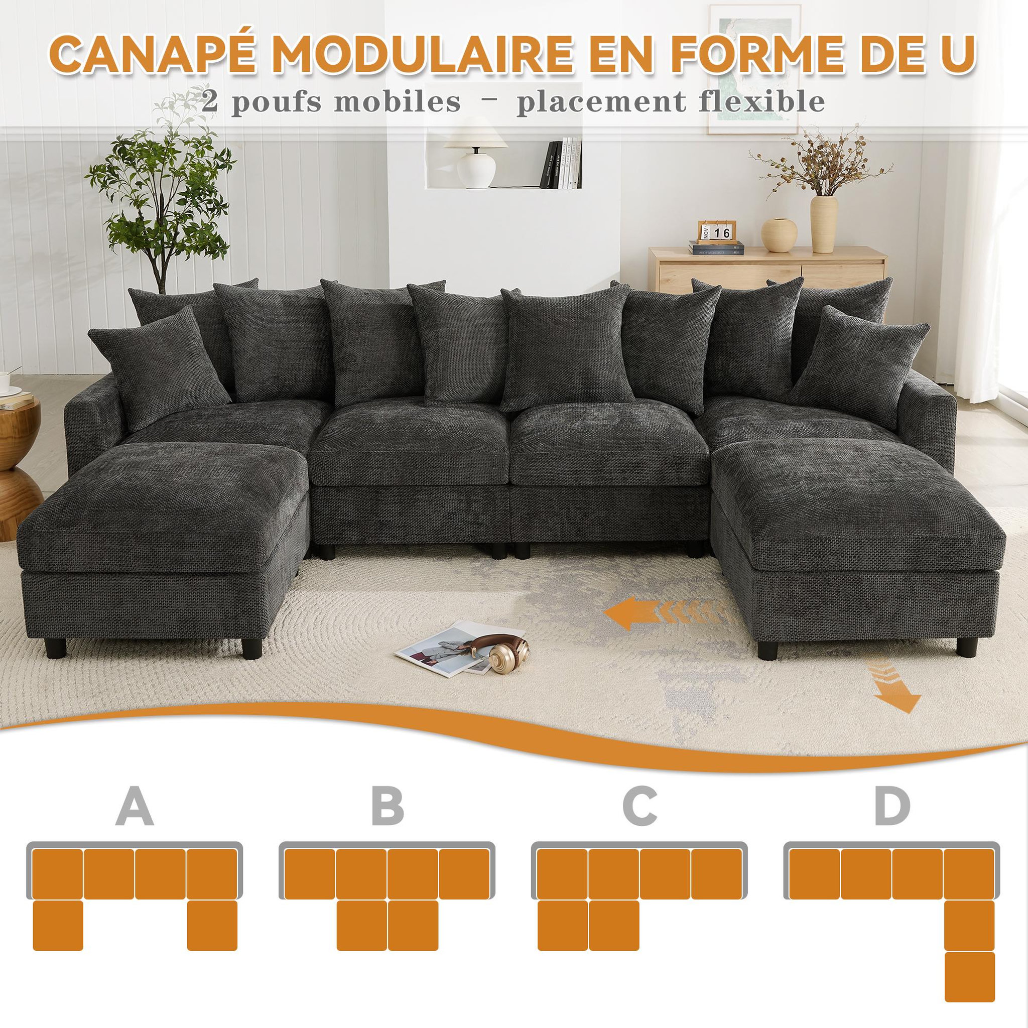 Voir la diapositive 6 : MERAX Canapé d'angle modulable 6 places u/l avec 2 poufs usb type-c tissu chenille