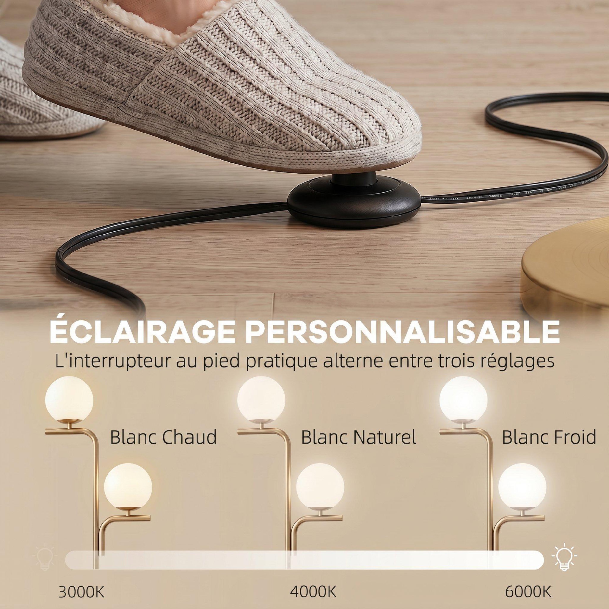 Voir la diapositive 5 : HOMCOM Lampadaire globe design néo-rétro 2 ampoules max. 40 W 170H cm métal doré