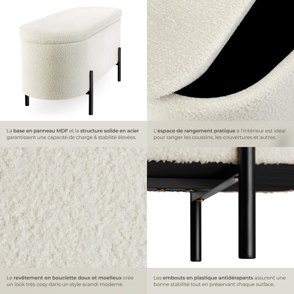 tectake Banc en tissu bouclé Bouclé crème/ blanc