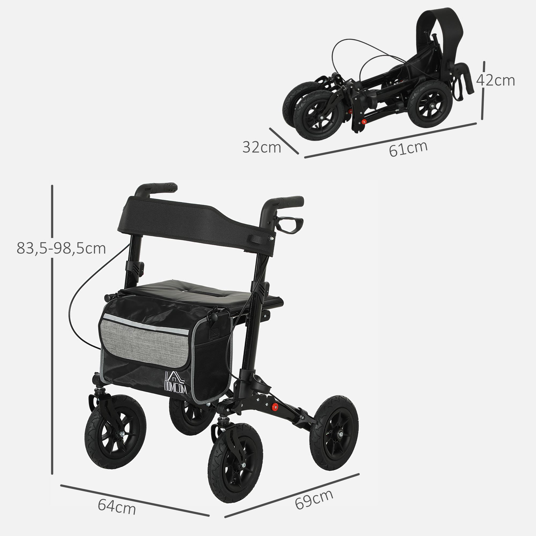 Voir la diapositive 3 : HOMCOM Déambulateur pliable réglable 4 roues siège et sacoche intégrés alu noir
