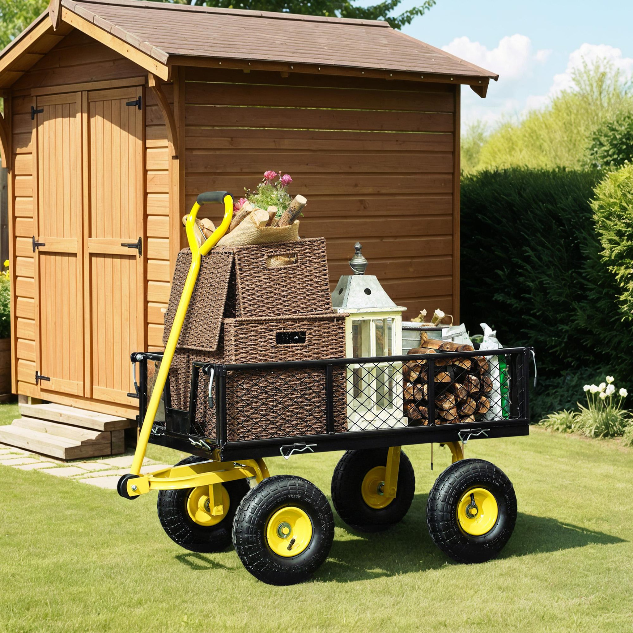 Voir la diapositive 4 : OUTSUNNY Chariot de jardin en acier - chariot de transport - côtés amovibles, poignée rotative - max. 200 kg - noir jaune