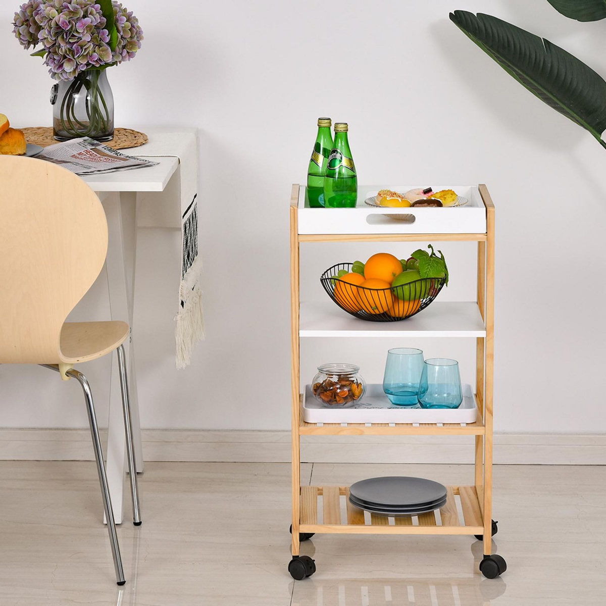 HOMCOM HOMCOM Chariot de service desserte de cuisine à roulettes 3 étagères + plateau amovible bois de pin MDF blanc