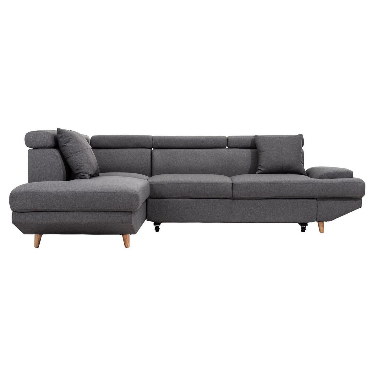 Canapé d'angle gauche convertible 5 places tissu pieds bois clair MARIUS 