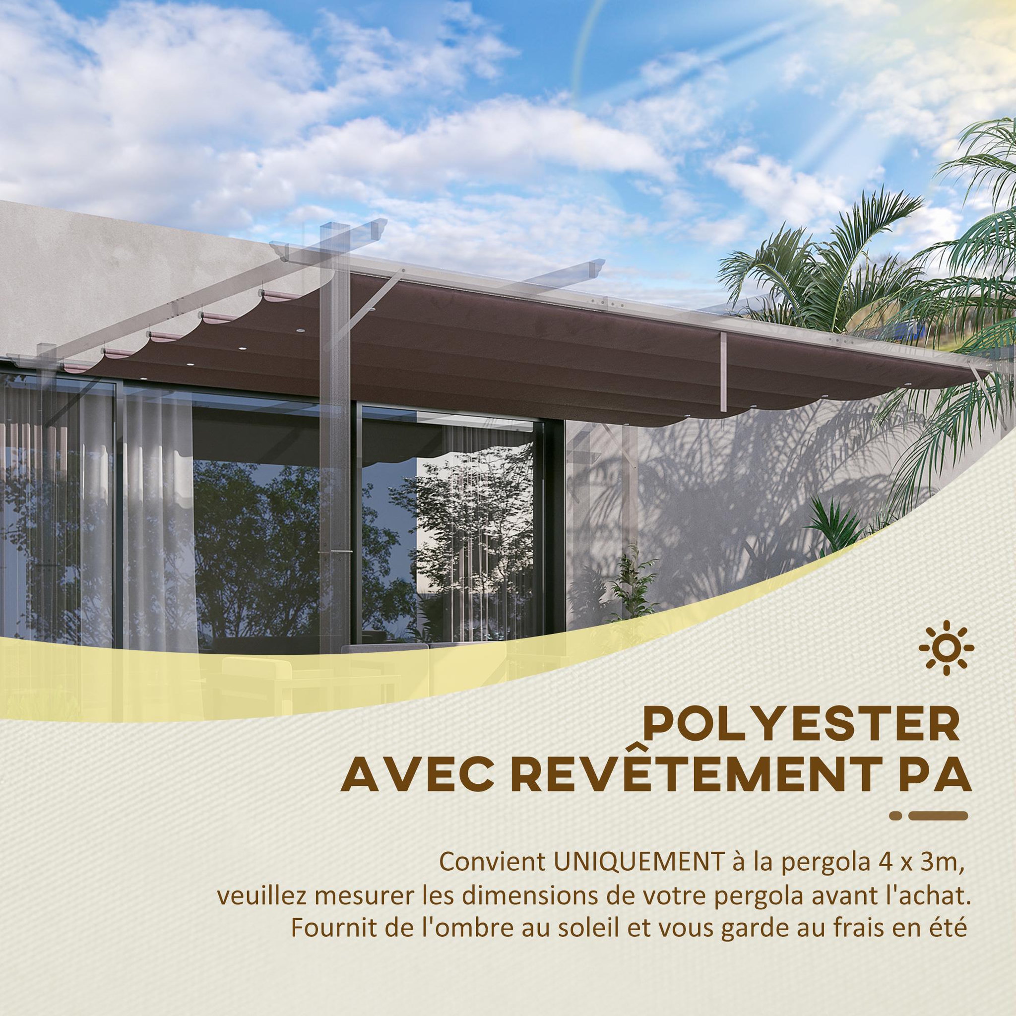 Voir la diapositive 4 : OUTSUNNY Toile de rechange pour pergola rétractable 4 x 3 m polyester haute densité 180 g/m² imperméabilisé chocolat